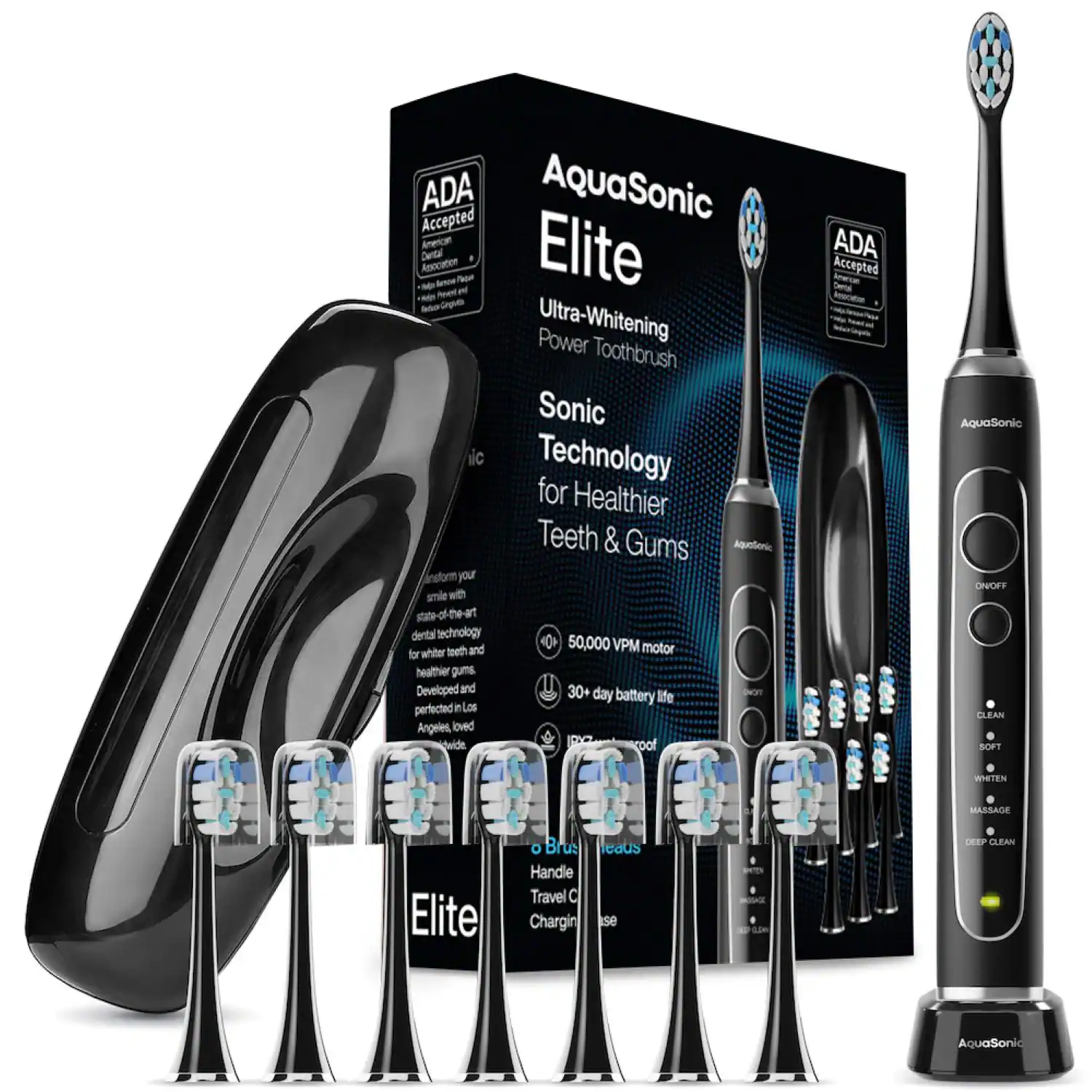 AquaSonic Elite
Ultra-Whitening Power Toothbrush
Sonic Technology for Healthier Teeth & Gums
ADA Accepted
American Dental Association
50,000 VPM motor
30+ day battery life
Developed and perfected in Los Angeles
Handle Travel Case
Charging Base
ON/OFF
CLEAN
SOFT
WHITEN
MASSAGE
DEEP CLEAN
Elite