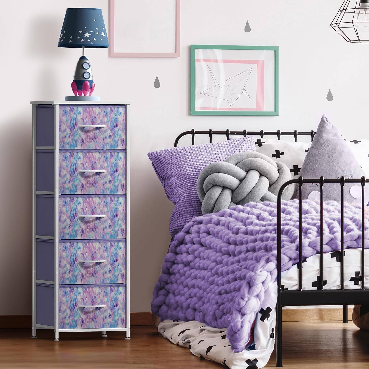 Angle. Sorbus - Sorbus Fabric Dresser for Kids Bedroom, Chest of 5 Drawers, Tall Storage Tower Clothing Organizer for Playroom - Purple Tie-Dye.