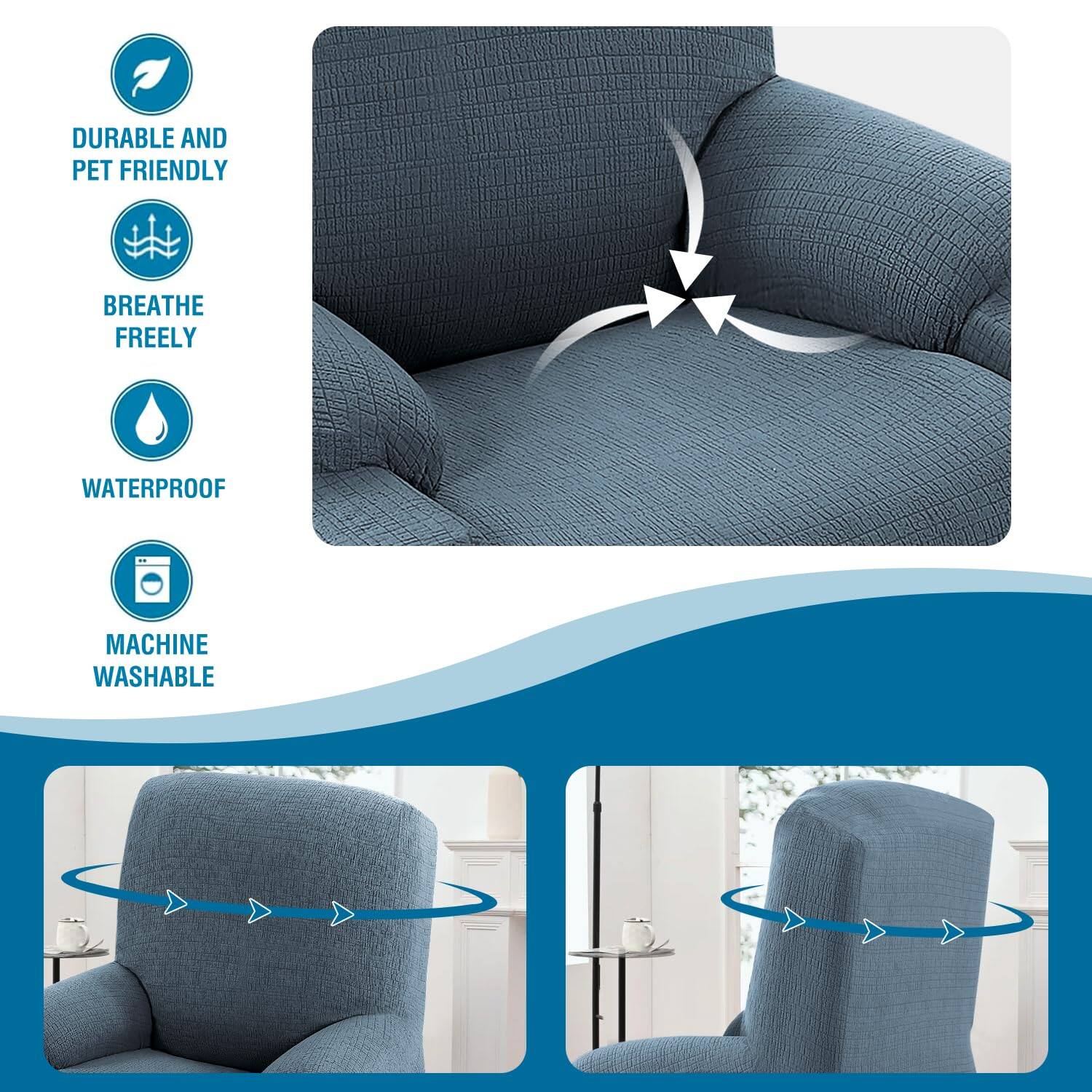 DURABLE AND PET FRIENDLY  
BREATHE FREELY  
WATERPROOF  
MACHINE WASHABLE