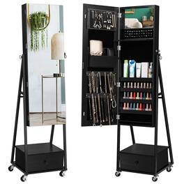 Oumilen - Rolling Lockable Jewelry Armoire with Full-Length Mirror & Storage Drawer - Black