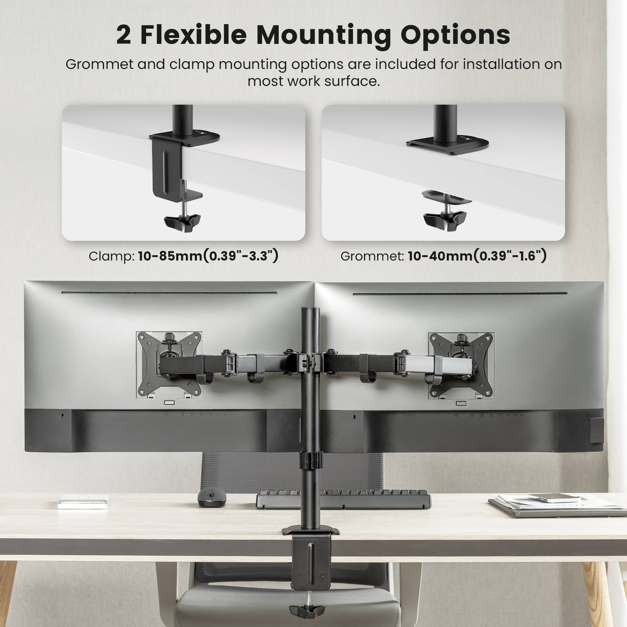 The text on the image reads: "2 Flexible Mounting Options: Grommet and clamp mounting options are included for installation on most work surfaces. Clamp: 10-85mm 5mm (0.39"-3.3") Grommet: 10-40mm m (0.39"-1.6")".