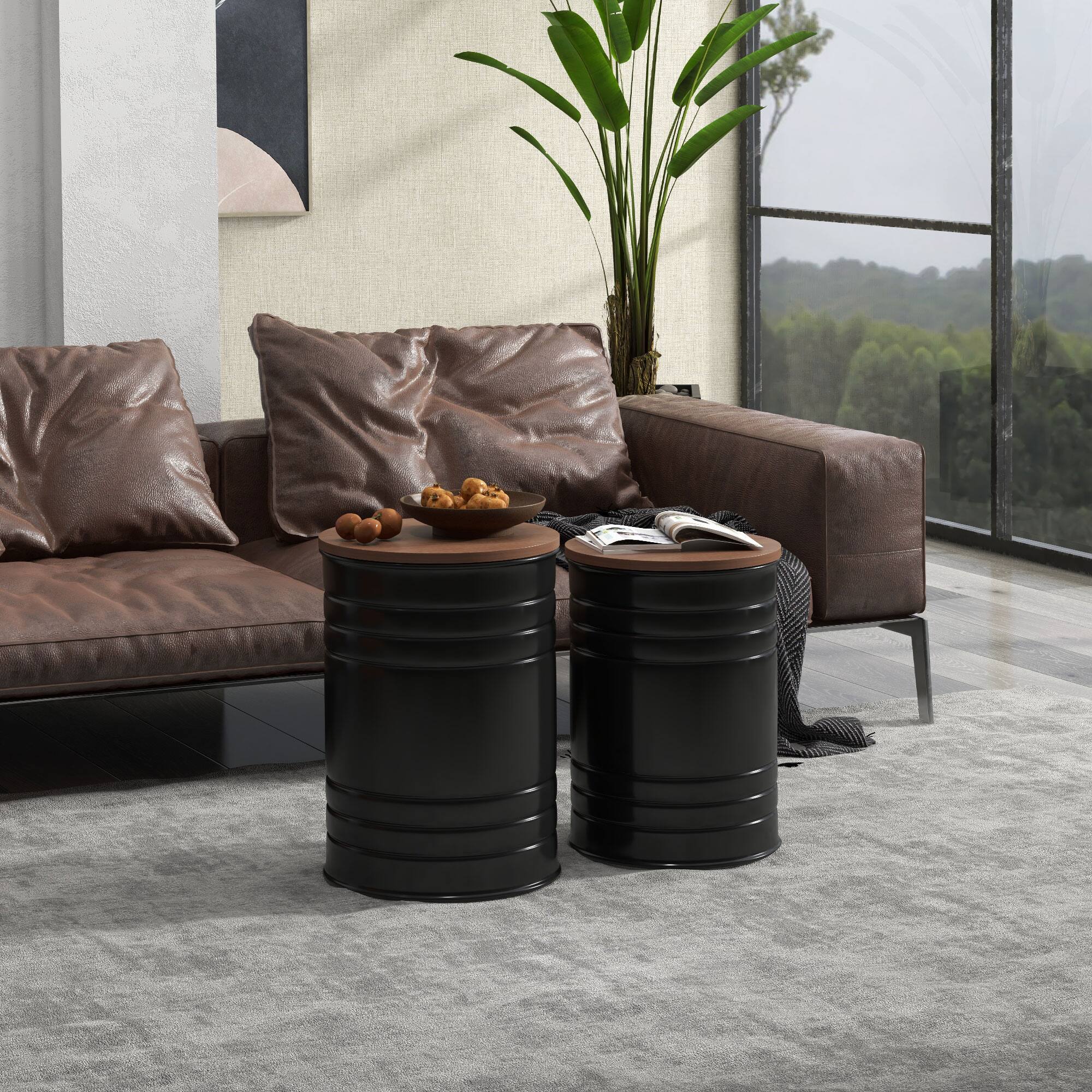 Alt View 2. Homcom - Nesting End Table Set of 2, Round Storage Ottoman Stool, Metal Frame, Hidden Space, Farmhouse Side Table for Living Room - Black.