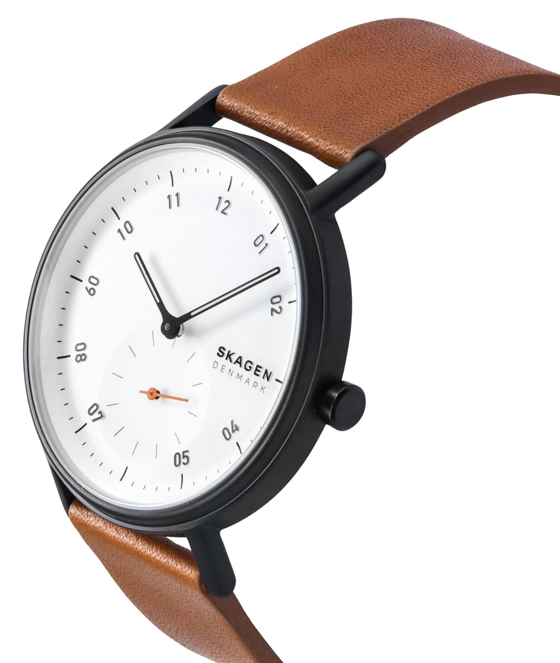 Left. Skagen - Kuppel Quartz SKW6889 Brown Leather Strap White Dial Men's Watch 50M - Brown, White.
