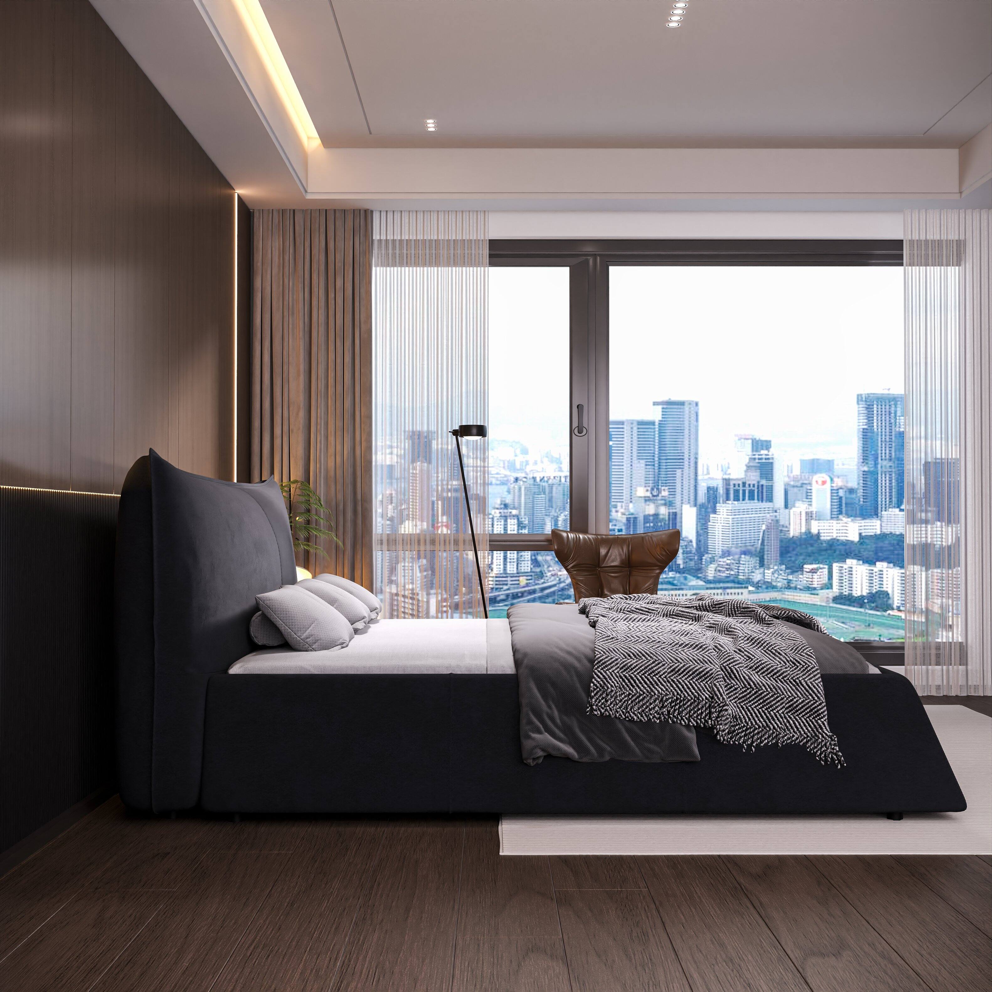 Back. Tiramisubest - King Size Upholstered Platform Bed, Special Shaped Velvet Headboard, Metal & Wood Frame, Black, 97x93x42 inches, 214 lbs - Black.