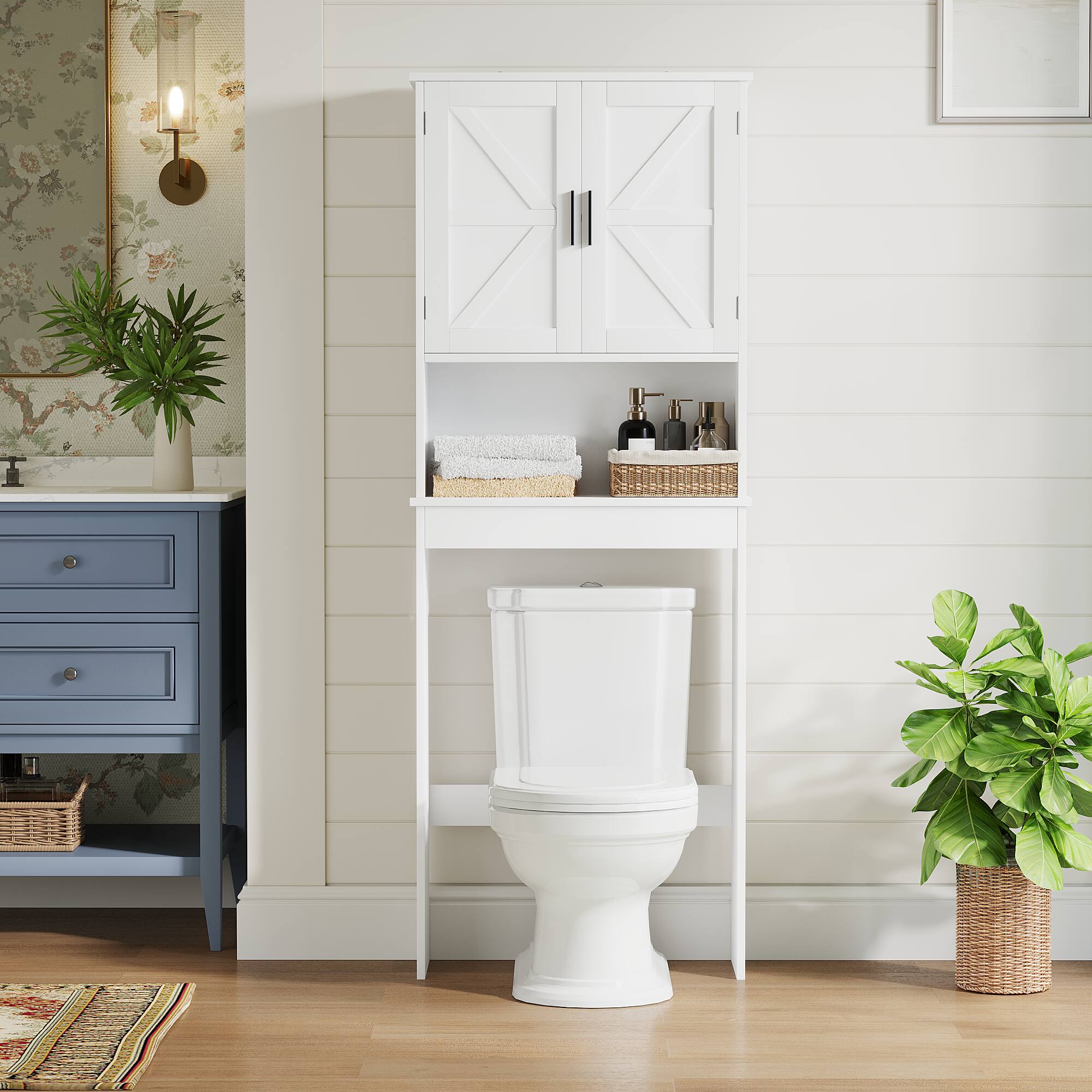 Angle. Z-Edge - Over The Toilet Storage Cabinet with Adjustable Shelf, Bathroom Space Saver Organizer with 2 Doors and Open Shelf - White.