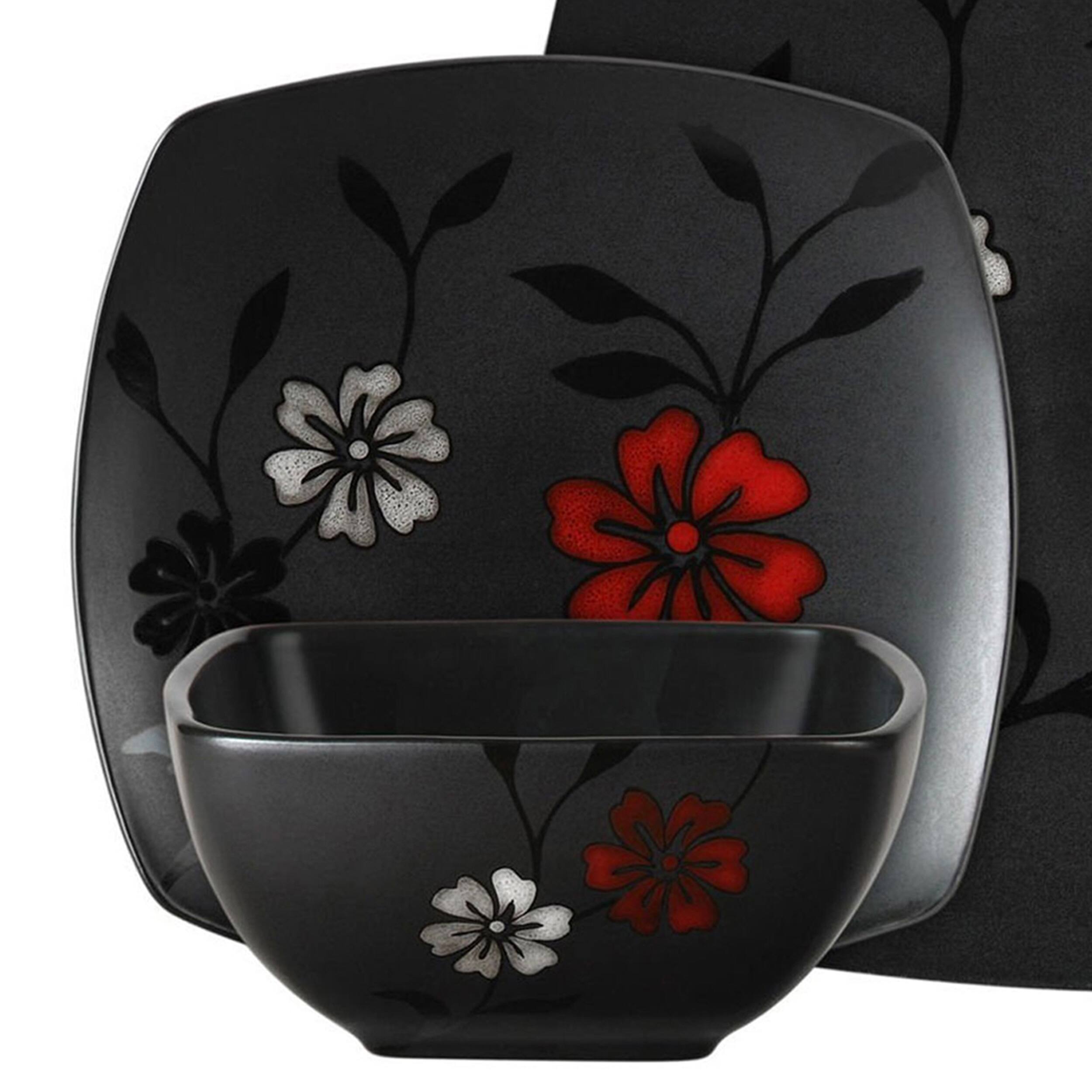 Alt View 2. Gibson - Gibson 16-Piece Evening Blossom Dinnerware Set - Black and Red.