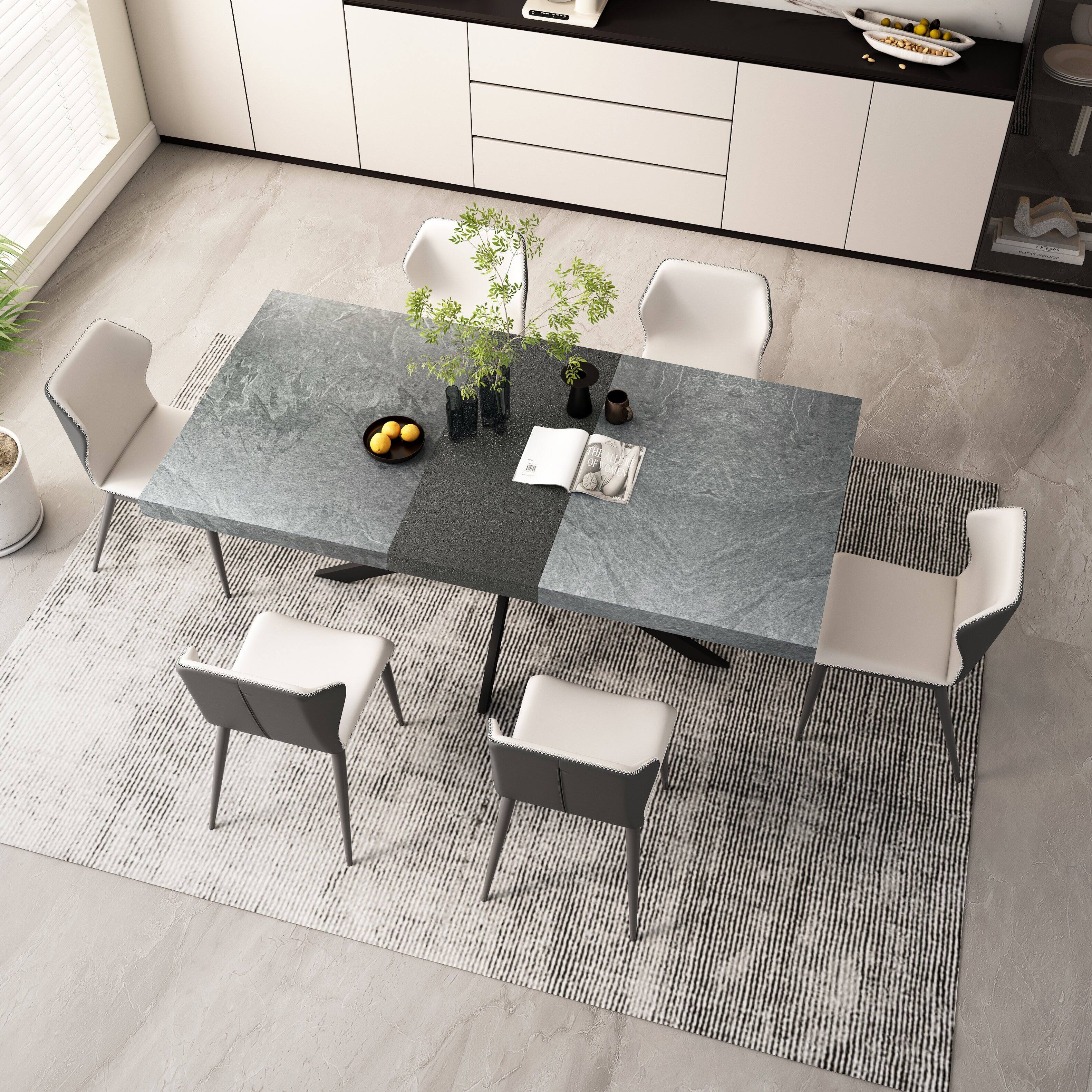 Left. Tiramisubest - Retro Rectangular Stretch Dining Table with Storage Box,Dark Grey stone Top And Black Relief Plate,Iron Foot Base - DARK GREY.
