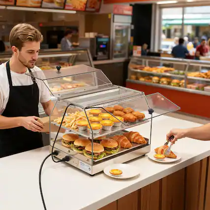 Front. Akoasm - Commercial Food Warmer with Light - 48L Double-Sided Door Display for Burgers, Pizza, Adjustable Temp 85-185°F - Silver.