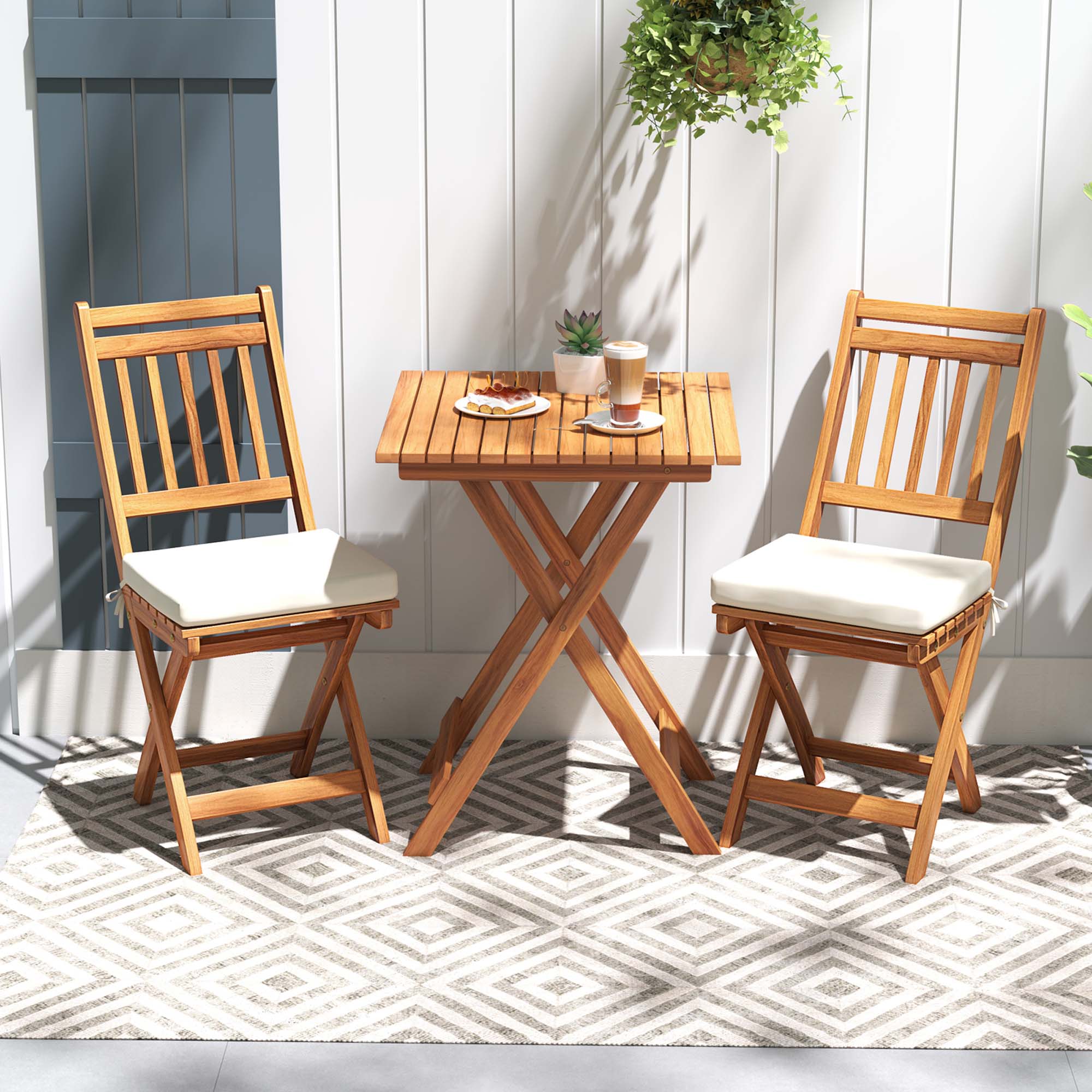 Alt View 1. Gymax - Gymax 3-Piece Folding Bistro Set w/ Removable Seat Cushions Outdoor Table & Chairs - Natural.