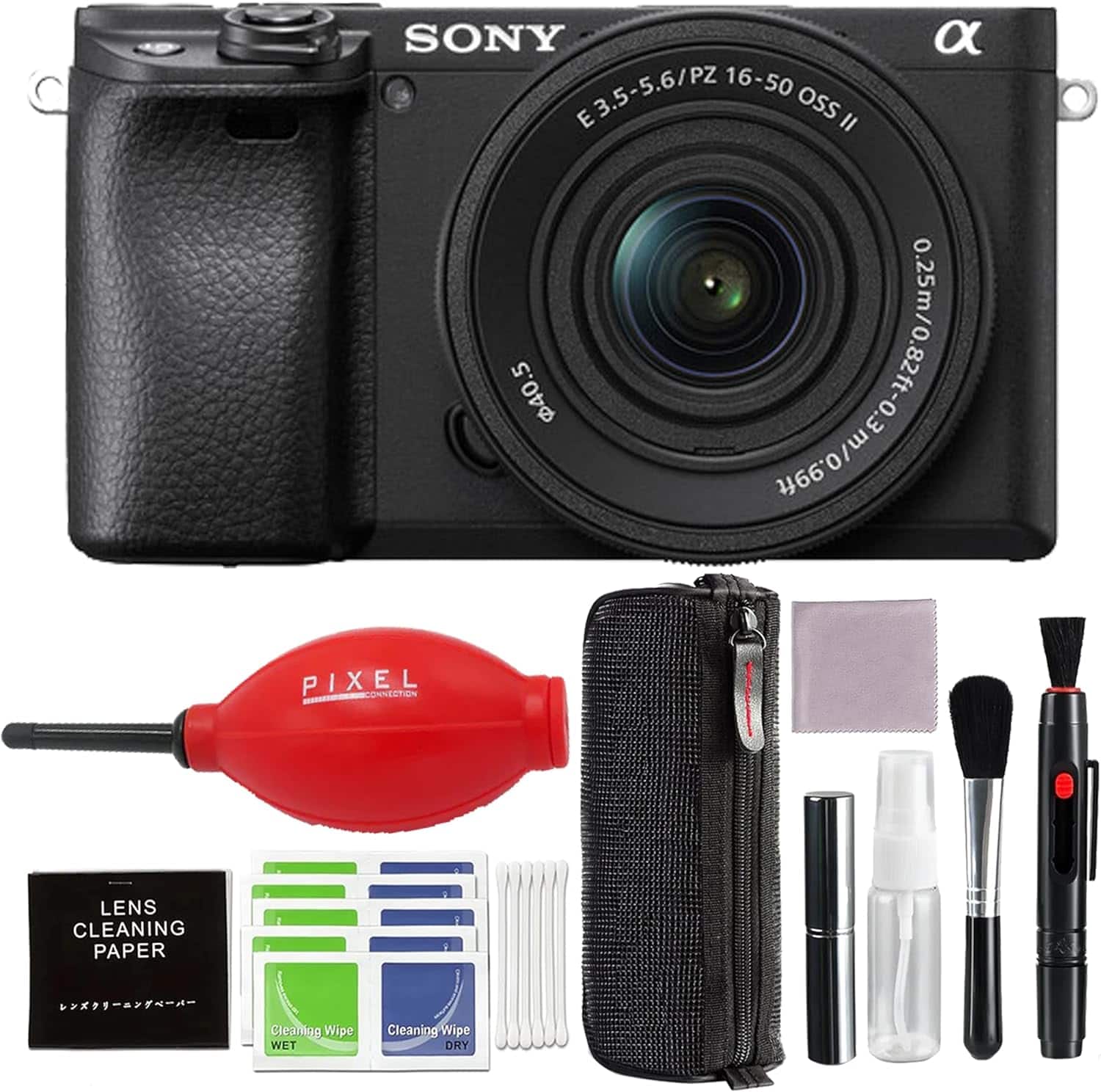 Sony - a6400 Mirrorless Camera with 16-50mm f/3.5-5.6 II Lens and Pixel Advanced Accessories Blower, Cleaning Kit - Black