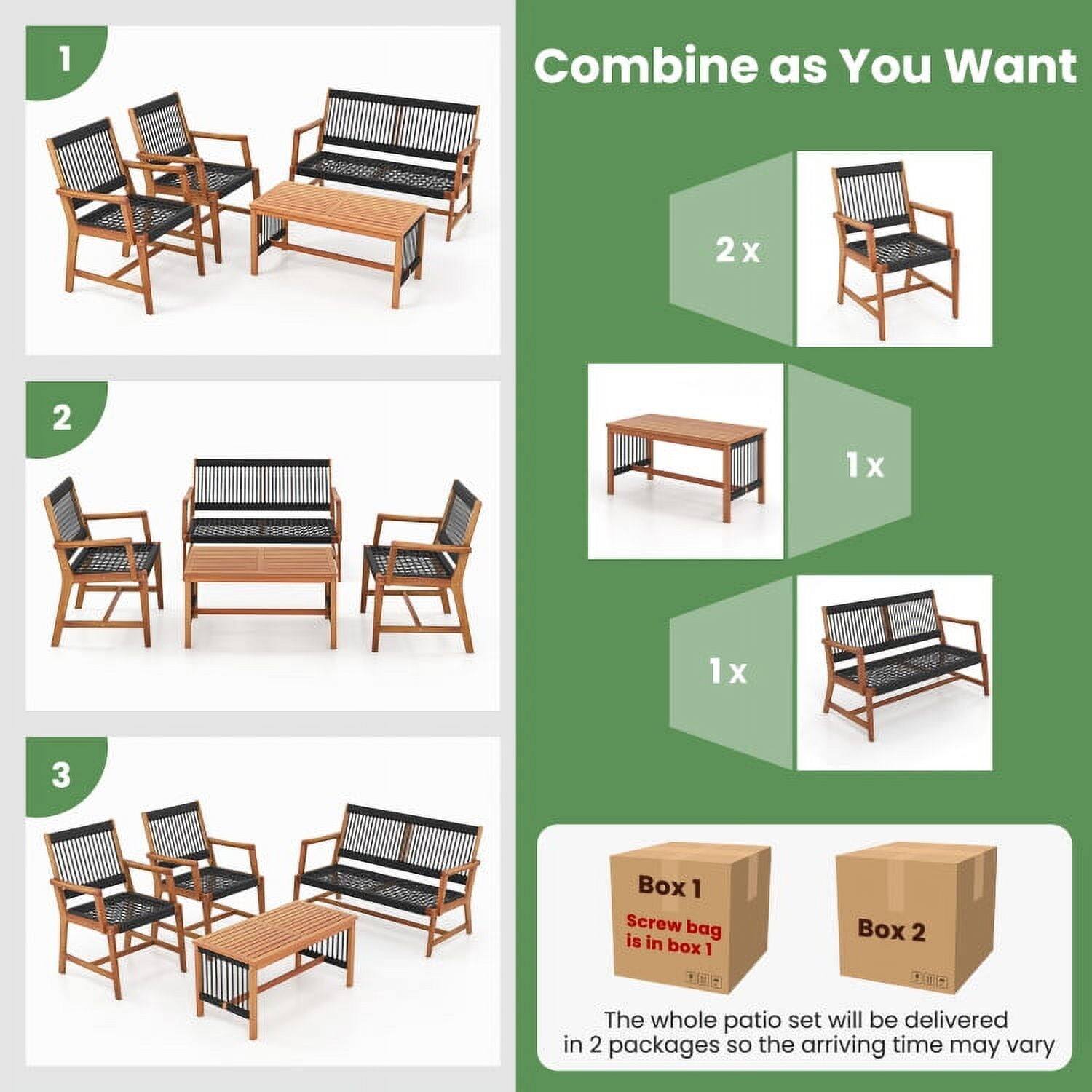 1. Combine as You Want  
2x Chair  
1x Table  
1x Bench  

Box 1: Screw bag is in box 1  
Box 2  

The whole patio set will be delivered in 2 packages so the arriving time may vary