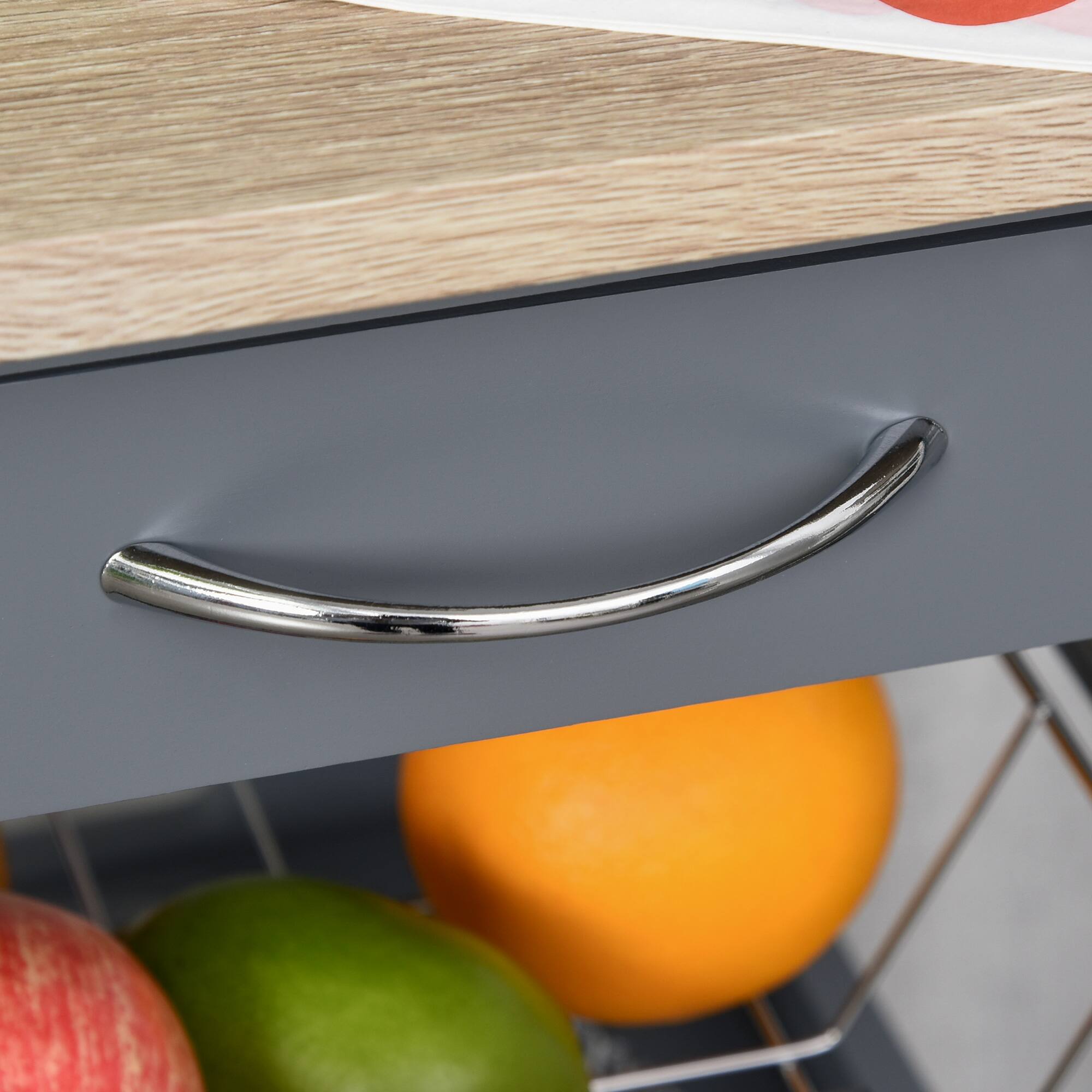 Alt View 7. Homcom - Mobile Kitchen Cart, Rolling Kitchen Island with Storage, Solid Wood Frame Cart with Wire Fruit Basket, Trays and Drawer - Grey.