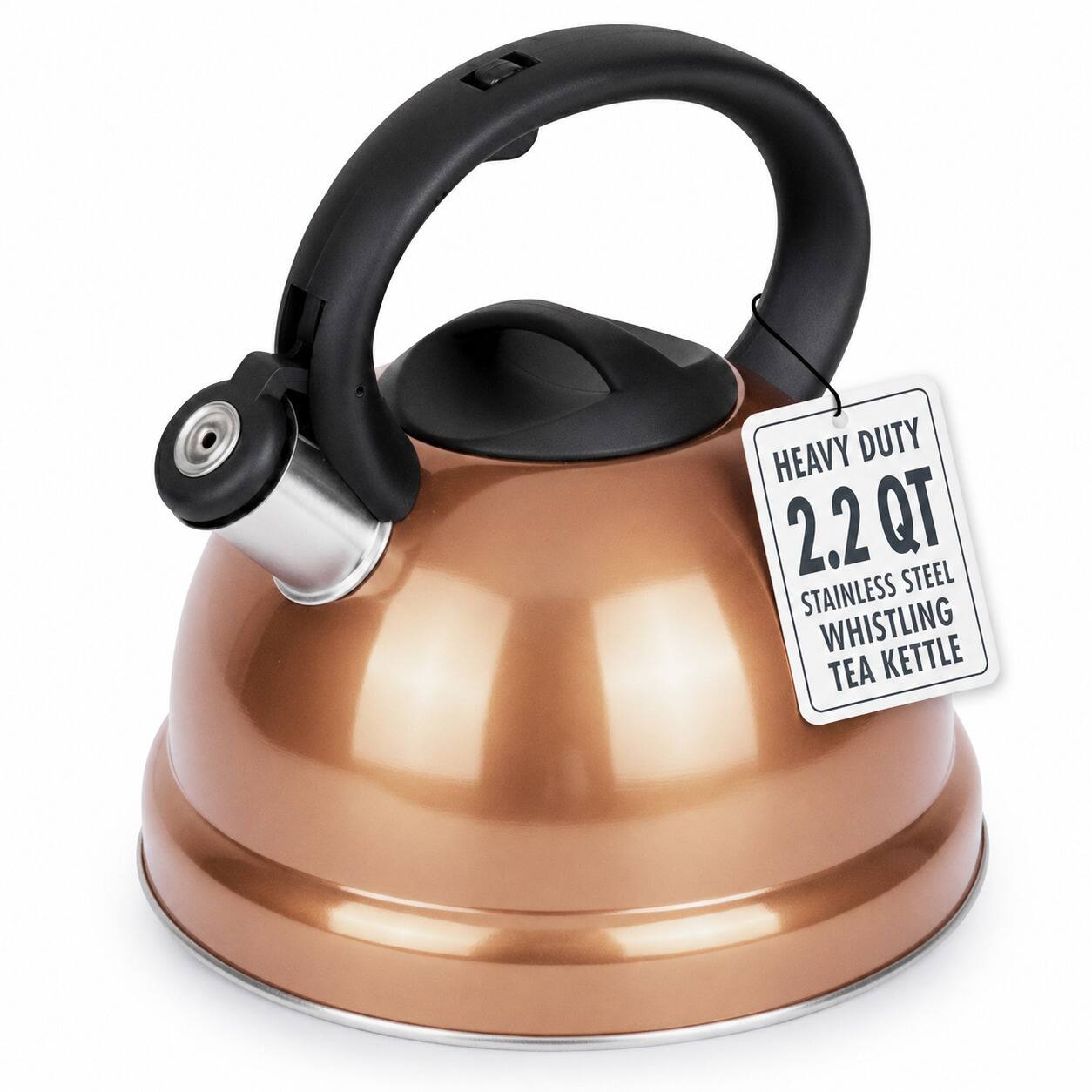 Luminuxe - Whistling Tea Kettle, 2.2qt Stainless Steel Stove Top Kettle with Cool-Touch Handle, Fast Boil - Copper