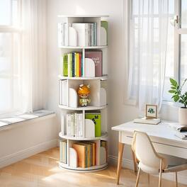 HTUTWOO - 5-Tier 360° Rotating Bookshelf, Space Saving Spinning Display Tower for Bedroom Living Room Home Office - White