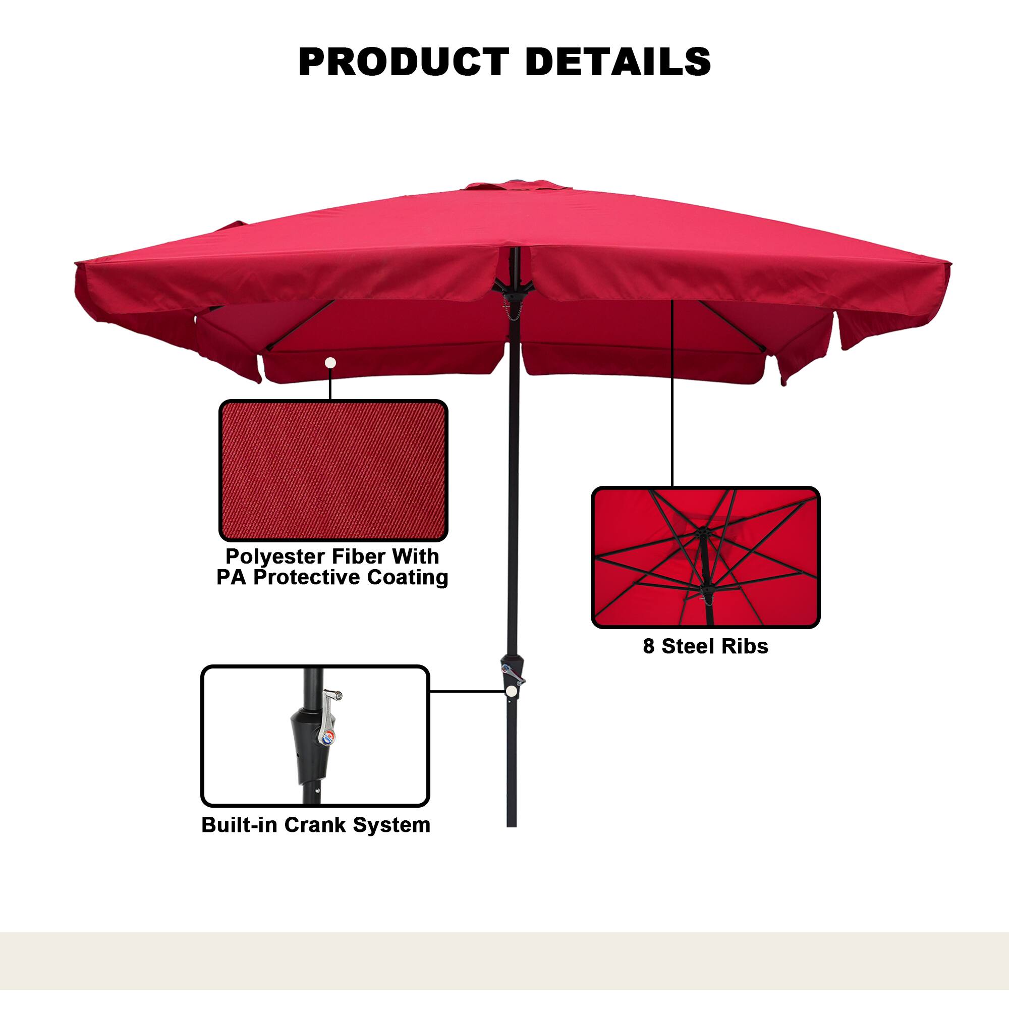 PRODUCT DETAILS

- Polyester Fiber With PA Protective Coating
- 8 Steel Ribs
- Built-in Crank System