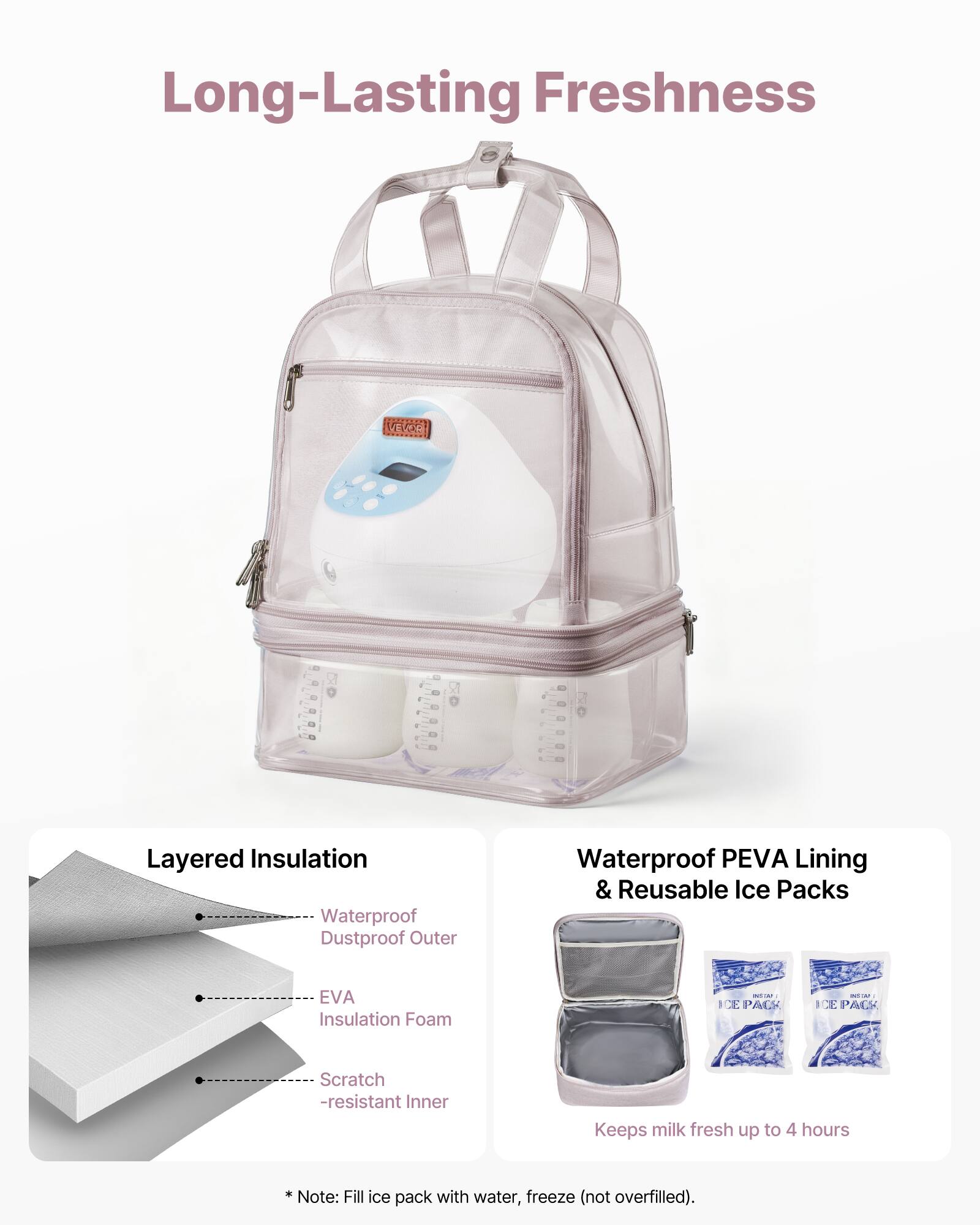 Long-Lasting Freshness

Layered Insulation
- Waterproof Dustproof Outer
- EVA Insulation Foam
- Scratch-resistant Inner

Waterproof PEVA Lining & Reusable Ice Packs
- Keeps milk fresh up to 4 hours

*Note: Fill ice pack with water, freeze (not overfilled).