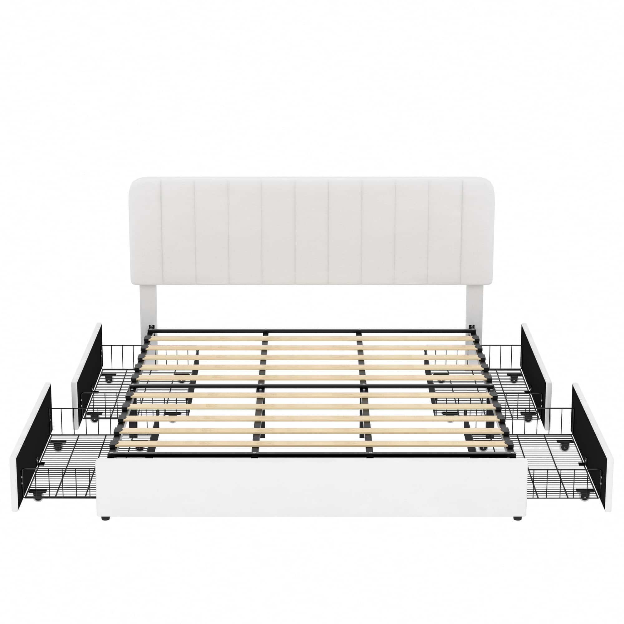 Vecelo - King Size Storage Bed Frame with 4 Drawers - Velvet Upholstered, Adjustable Headboard, 800lb Capacity, Noise Free - White