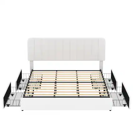 Front. Vecelo - King Size Storage Bed Frame with 4 Drawers - Velvet Upholstered, Adjustable Headboard, 800lb Capacity, Noise Free - White.