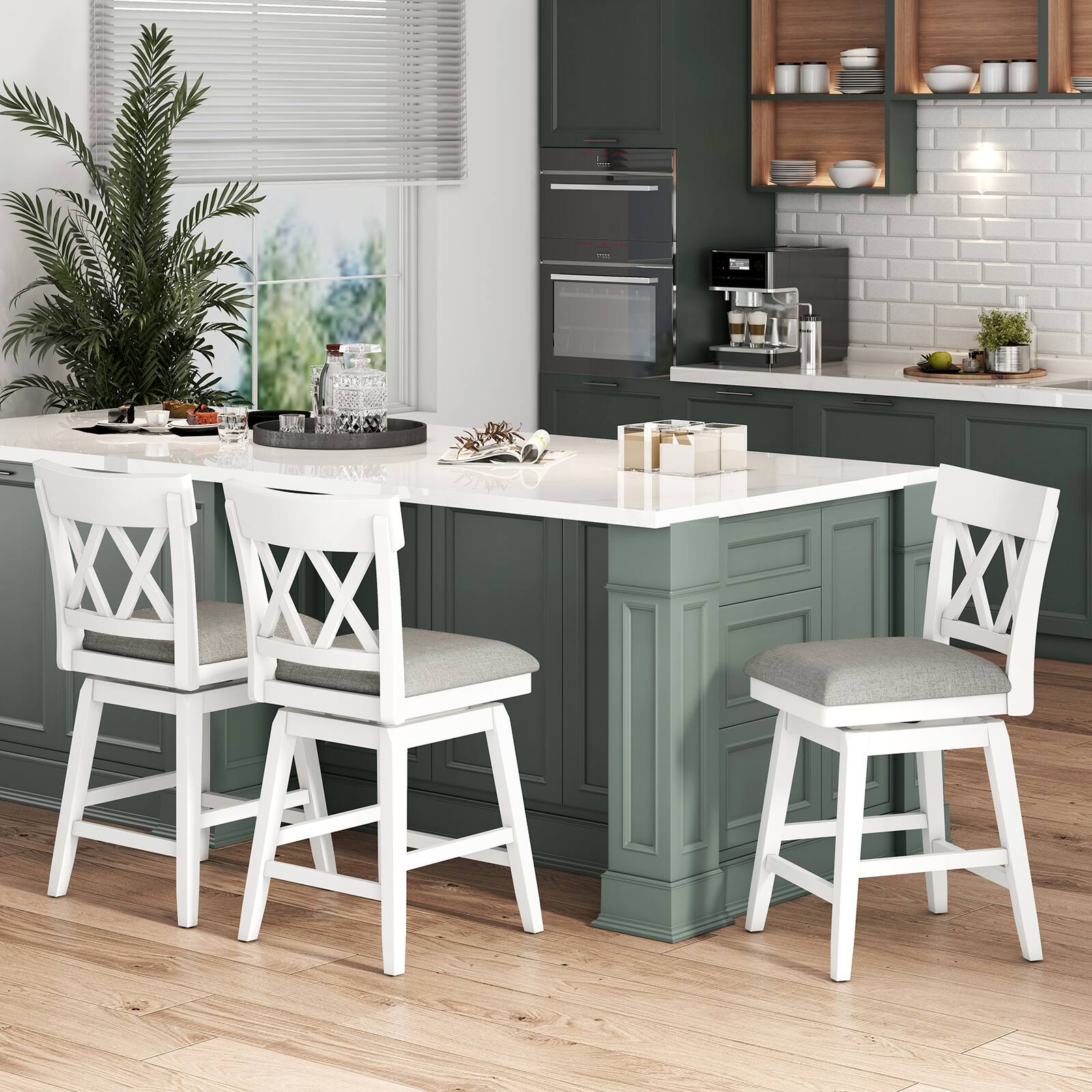 Alt View 1. Gymax - Gymax 26'' Bar Stool Wooden Chair Set of 2 w/Contoured Backrest Swivel Padded Seat White & Gray - White, Gray.