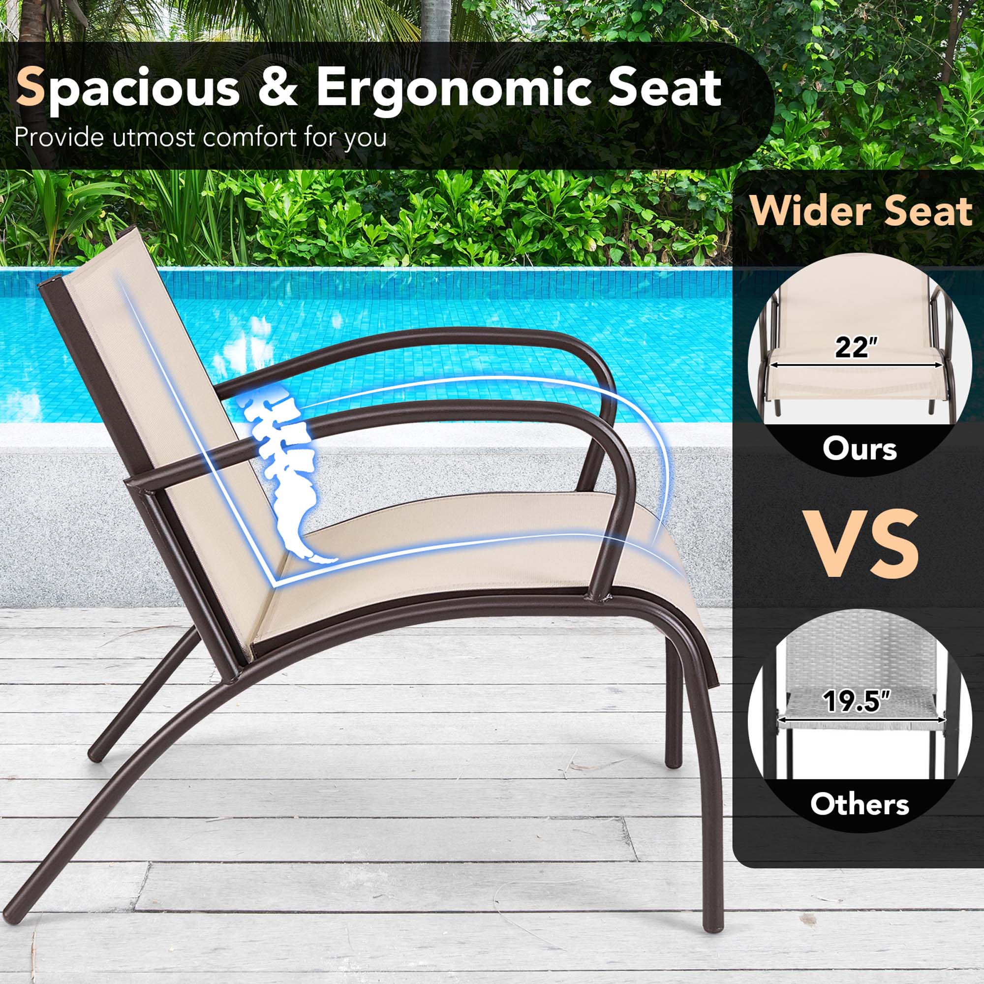 Spacious & Ergonomic Seat  
Provide utmost comfort for you  

Wider Seat  
22" Ours  
VS  
19.5" Others