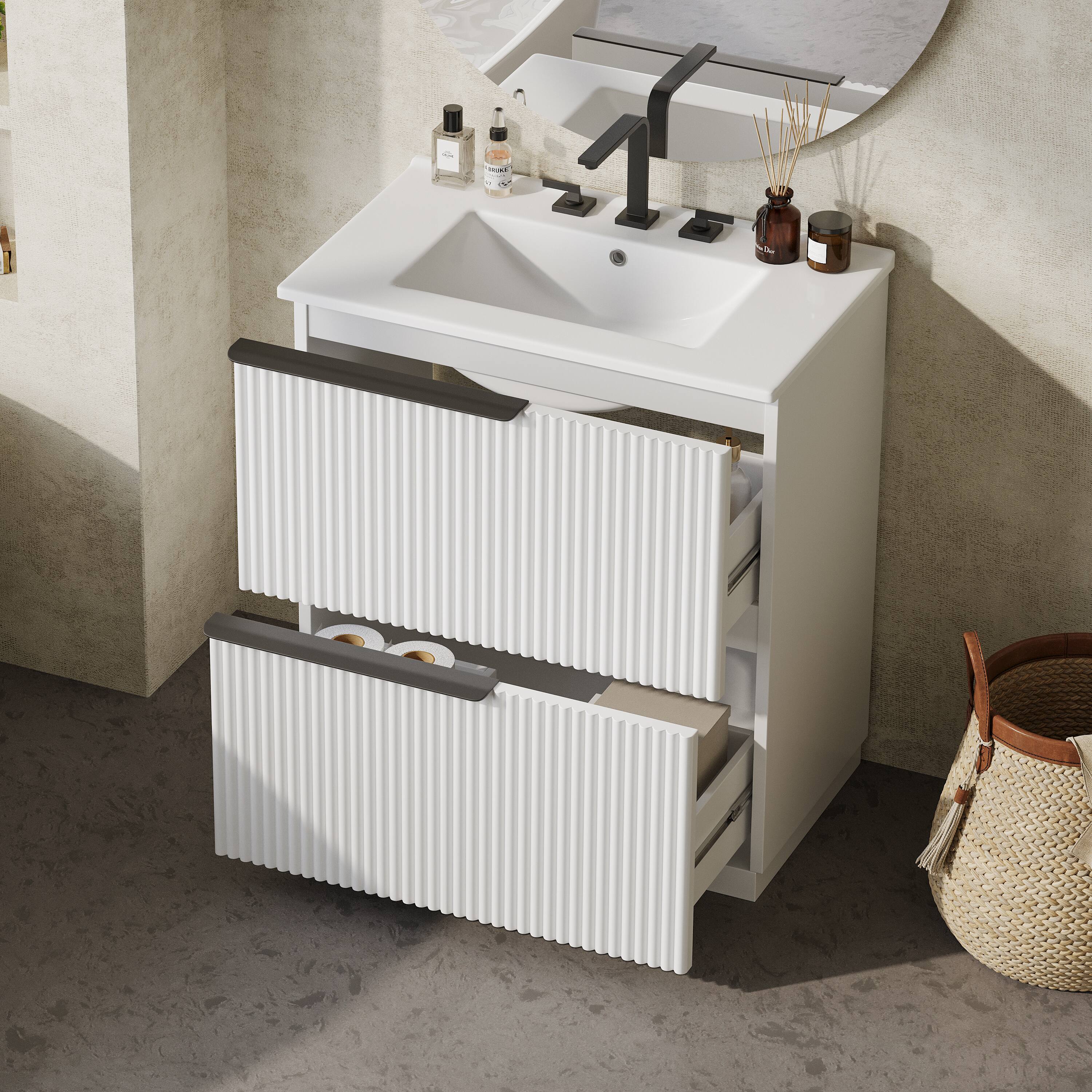 Alt View 1. Loheer - 2.5 ft Bathroom Vanity with Ceramic Sink, Soft-Close Full-Extension Drawers, Fluted Design - White.