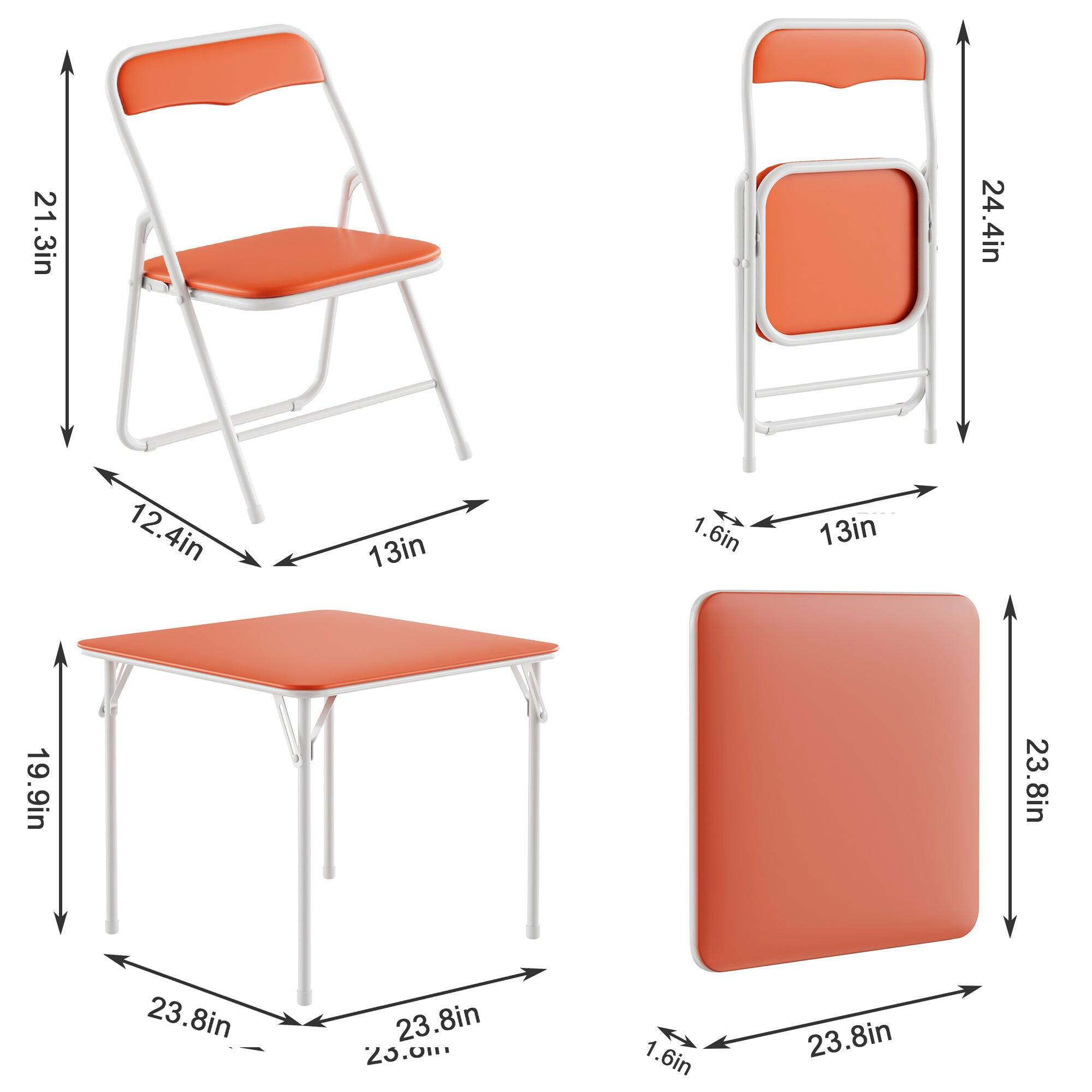 - Chair dimensions:
  - Height: 21.3 inches
  - Width: 12.4 inches
  - Depth: 13 inches
  - Seat height: 1.6 inches
  - Back height: 24.4 inches

- Table dimensions:
  - Height: 19.9 inches
  - Width: 23.8 inches
  - Depth: 23.8 inches

- Seat dimensions:
  - Width: 23.8 inches
  - Depth: 23.8 inches
  - Thickness: 1.6 inches