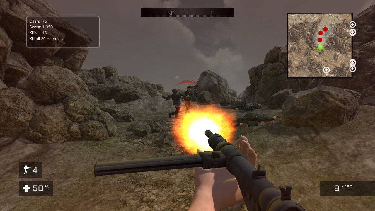 Cash: 75  
Score: 1,350  
Kills: 16  
Kill all 20 enemies.  

NE 0 E  

4 + 50%  

8 / 150