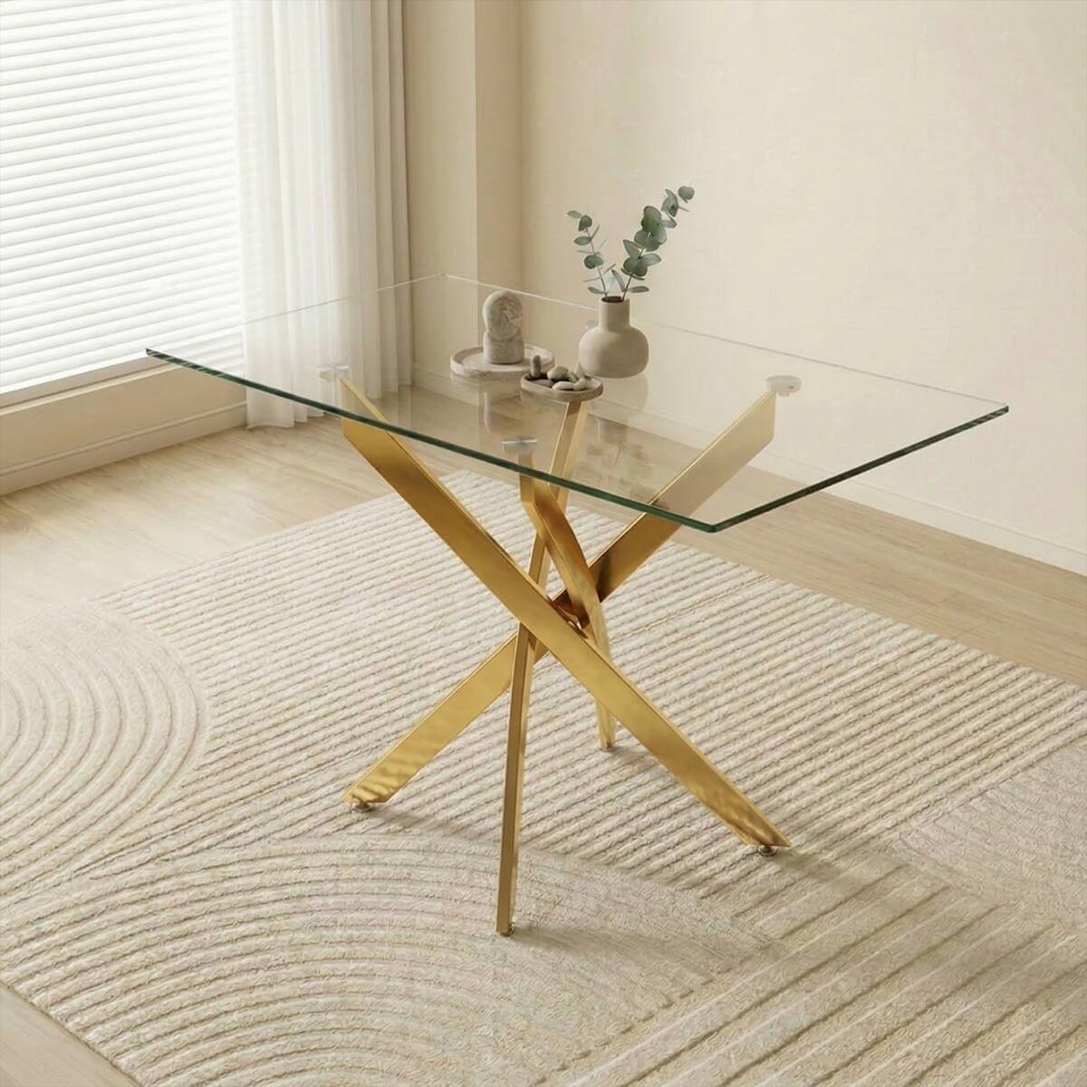 Alt View 6. Loheer - Loheer Rectangular Glass Dining Table with Gold Legs, 47 Inch Tempered Glass Table - Gold.