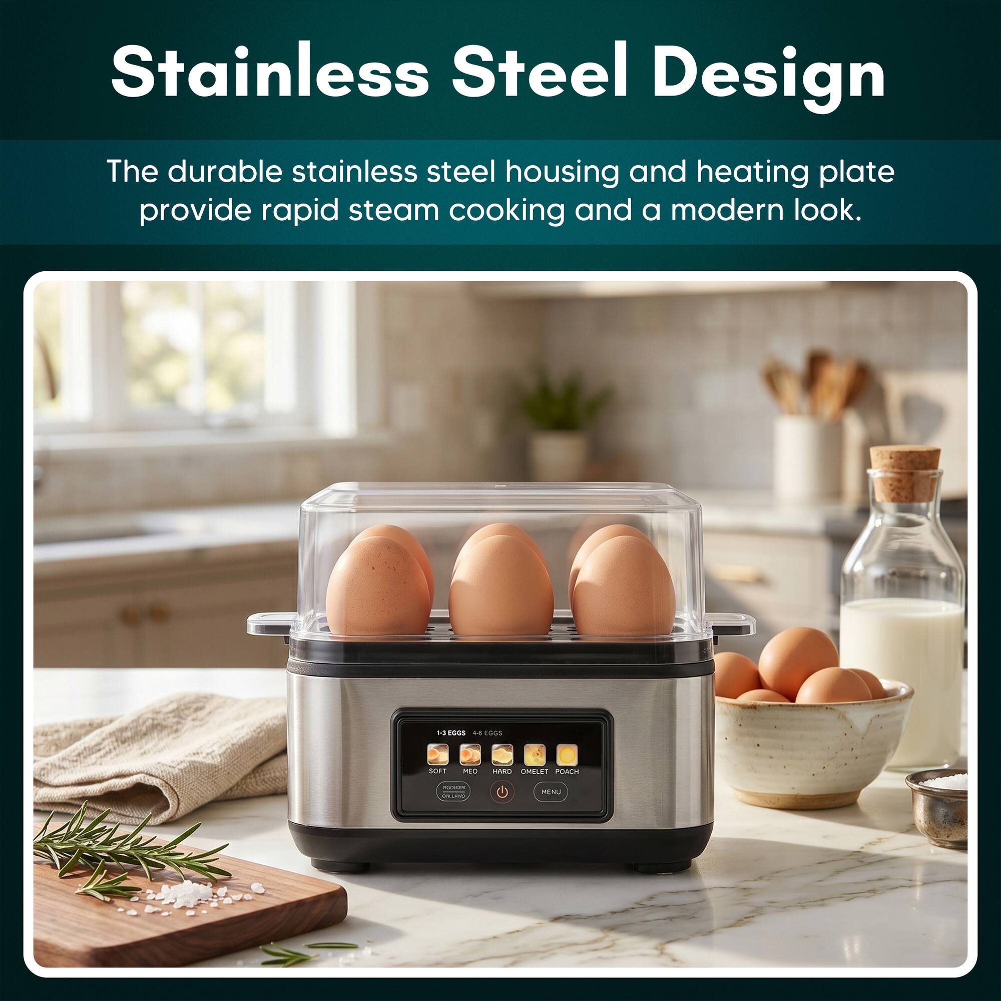 Stainless Steel Design

The durable stainless steel housing and heating plate provide rapid steam cooking and a modern look.
