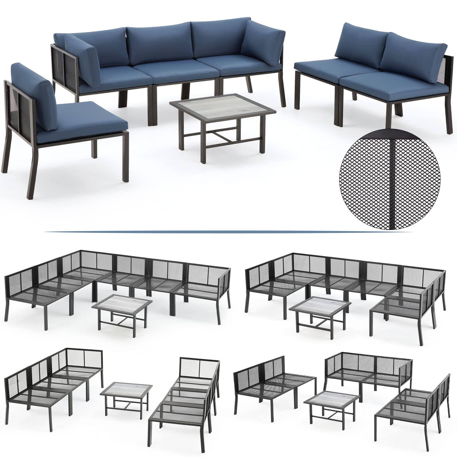 Alt View 2. Mondawe - 7-Piece Steel Mesh Patio Seating Set - Blue+Black.
