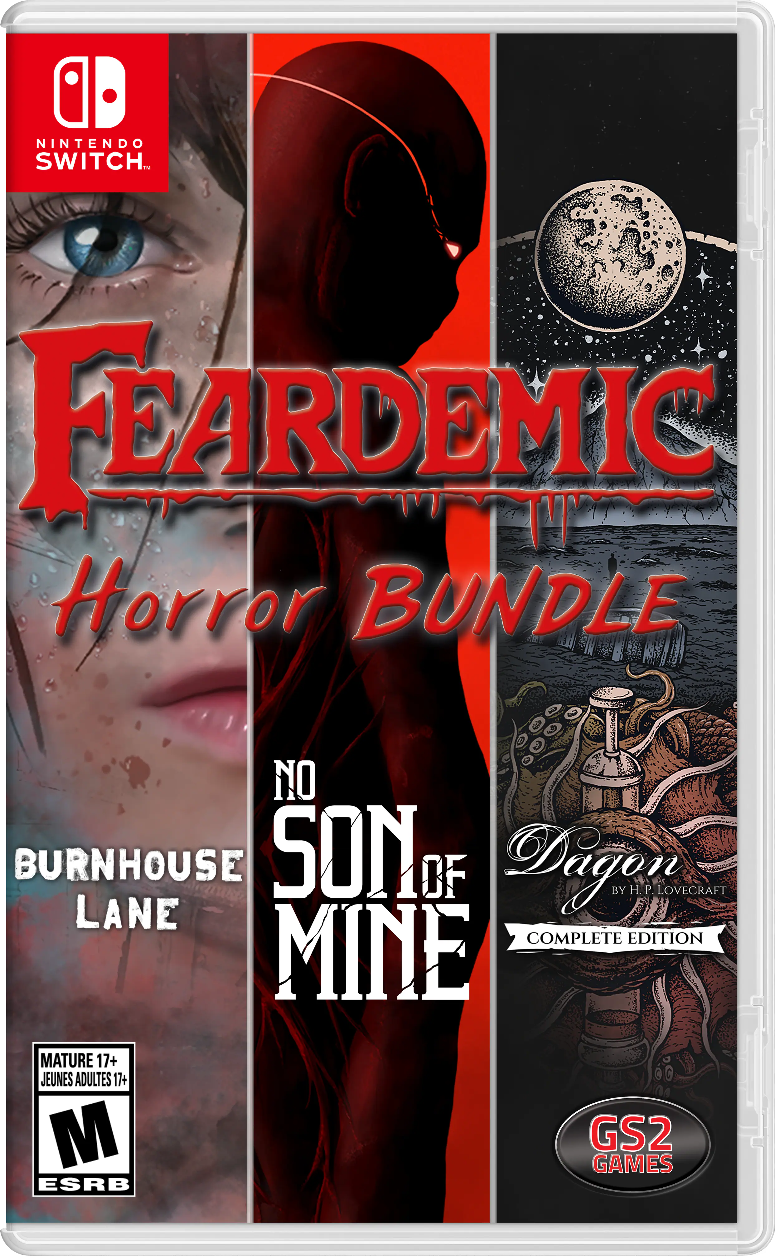 The corrected text is:
"Nintendo Switch - FearEmic Horror Bundle: No Burnhouse, Son of Dagon by H.P. Lovecraft Lane Complete Edition, Mine. Mature 17+ Jeunes Adultes 17+. ESRB M, GS2 Games." - M (Mature 17+)