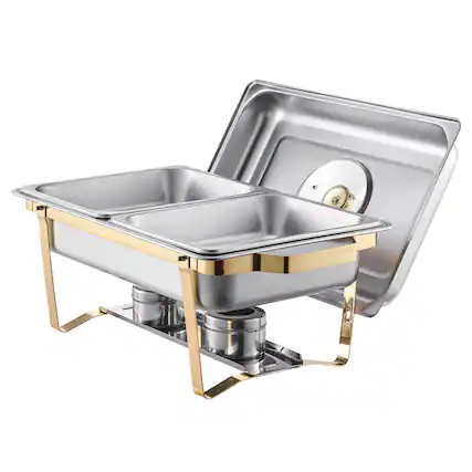 Front. VEVOR - Chafing Dish Buffet Set, 4 Qt 2 Pack, Stainless Steel Chafer with 4 Half Size Pans, Rectangle Catering Warmer Server - Gold.
