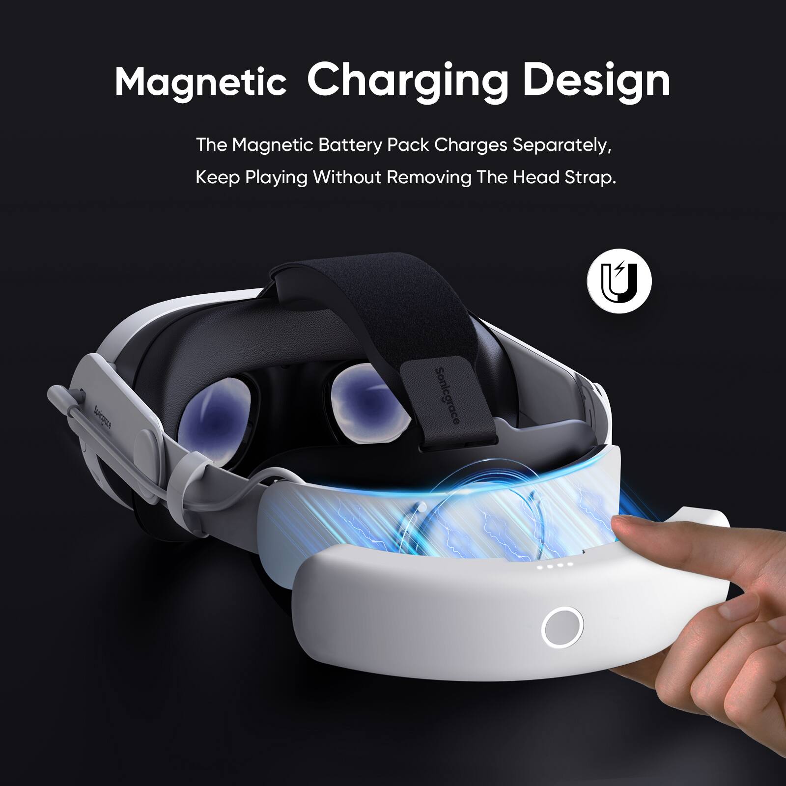 Magnetic Charging Design

The Magnetic Battery Pack Charges Separately, Keep Playing Without Removing The Head Strap.