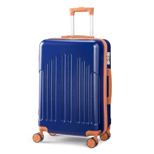 Winado - 24" Checked Luggage Trolley Case ABS Hardside Medium Suitcase with Double Spinner Wheels & TSA Lock for Travel Business - Navy Blue & Brown