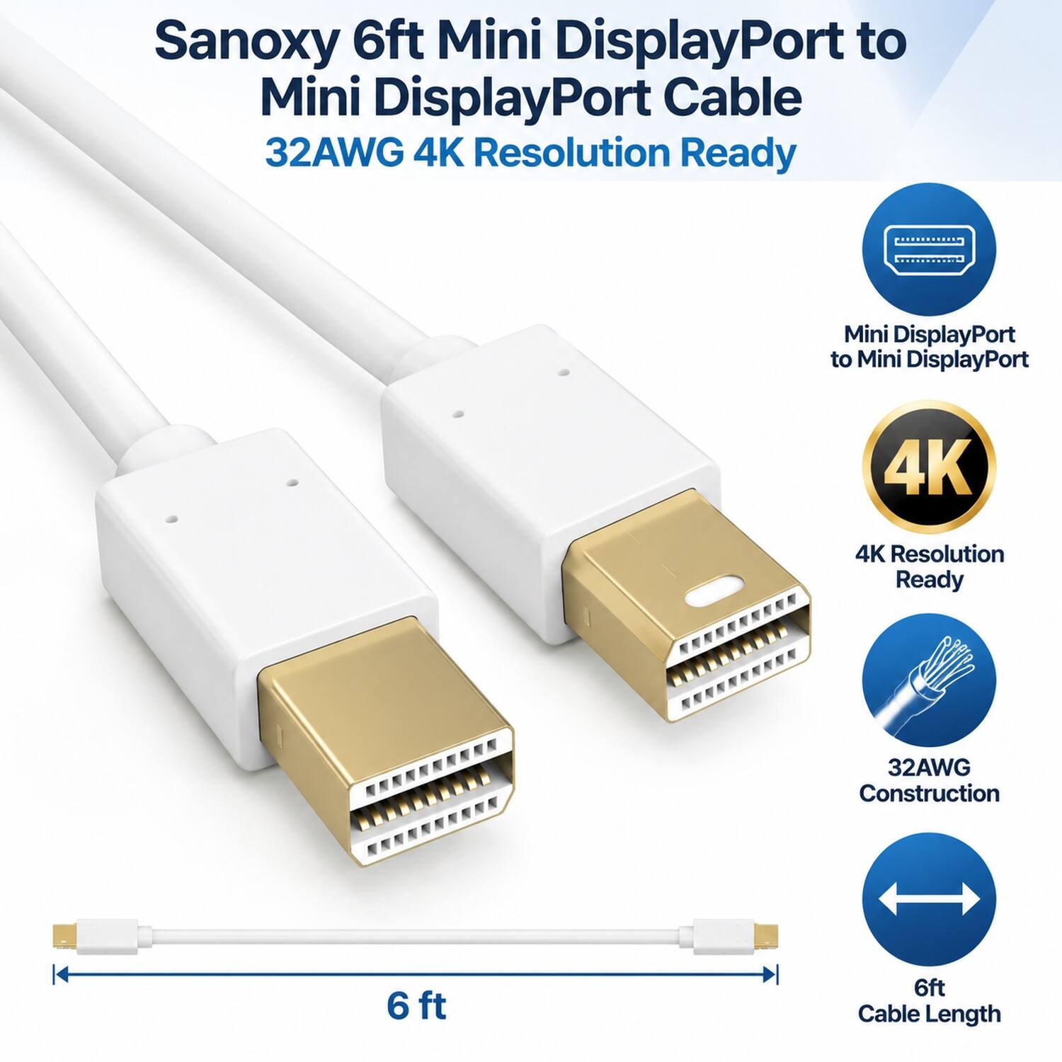 Sanoxy 6ft Mini DisplayPort to Mini DisplayPort Cable  
32AWG 4K Resolution Ready  
Mini DisplayPort to Mini DisplayPort  
4K  
4K Resolution Ready  
32AWG Construction  
6ft  
6ft Cable Length