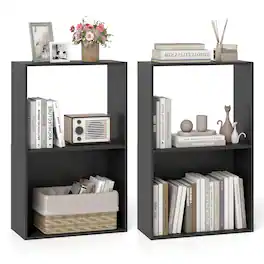Costway - 2 PCS 3-Tier Bookshelf, Bookcase with Open Storage Compartment, Anti-Toppling Kit - Black