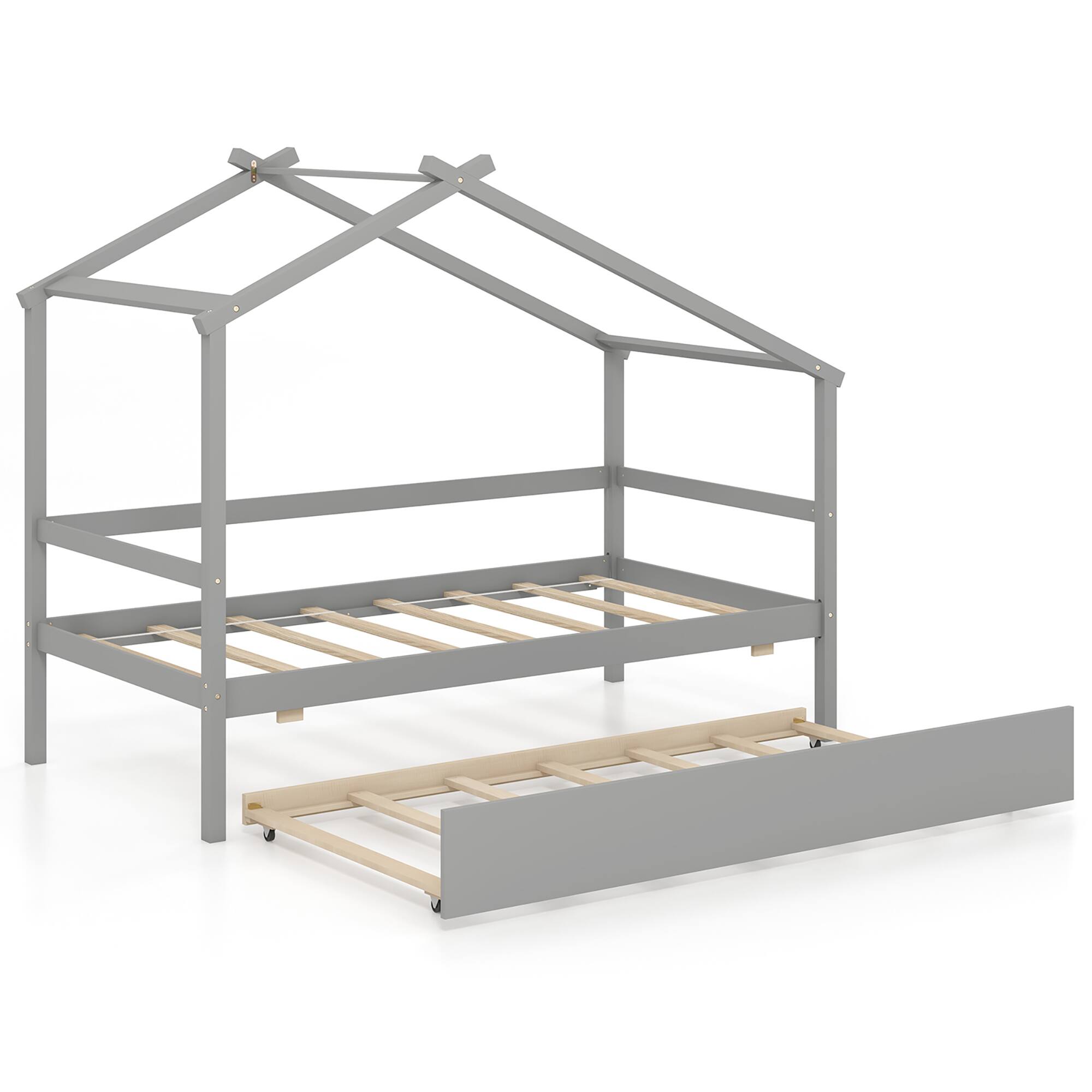 Alt View 1. Gymax - Gymax Twin House Bed w/ Trundle w/ Roof & Fence Rails Wooden Platform Bed Frame Grey - Grey.
