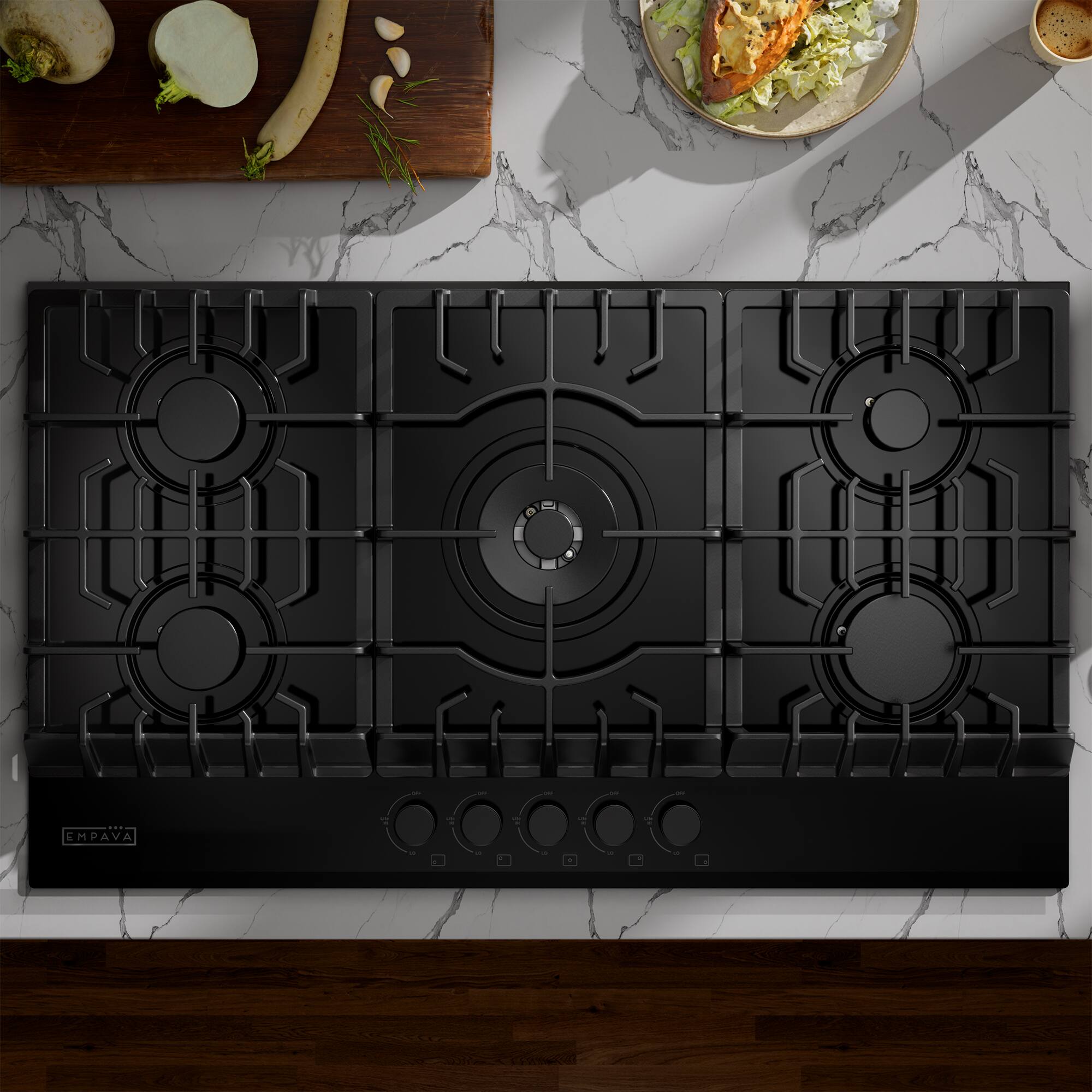 Alt View 4. Empava - 36 in. 5 Burners Recessed Gas on Glass Cooktop - Black.