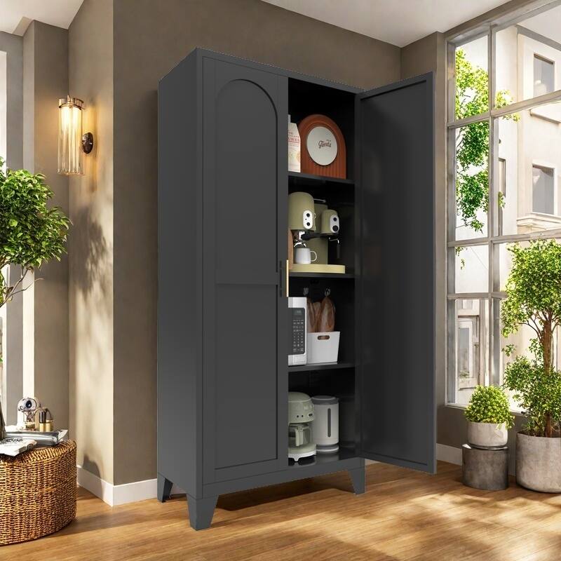 Back. Aukfa - 61" 2-Door Metal Storage Cabinet with Adjustable Shelves - for Bedroom and Living Room - Black.