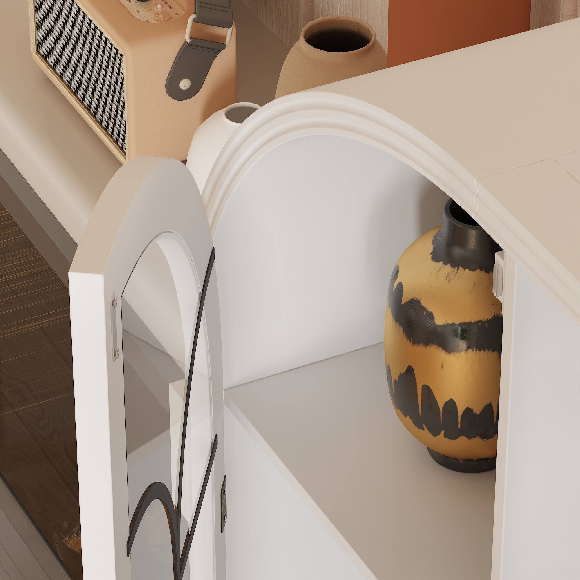 Alt View 7. Famapy - Curved Glass Door Bookshelf with Drawers – Elegant Display & Home Storage Organizer - White.