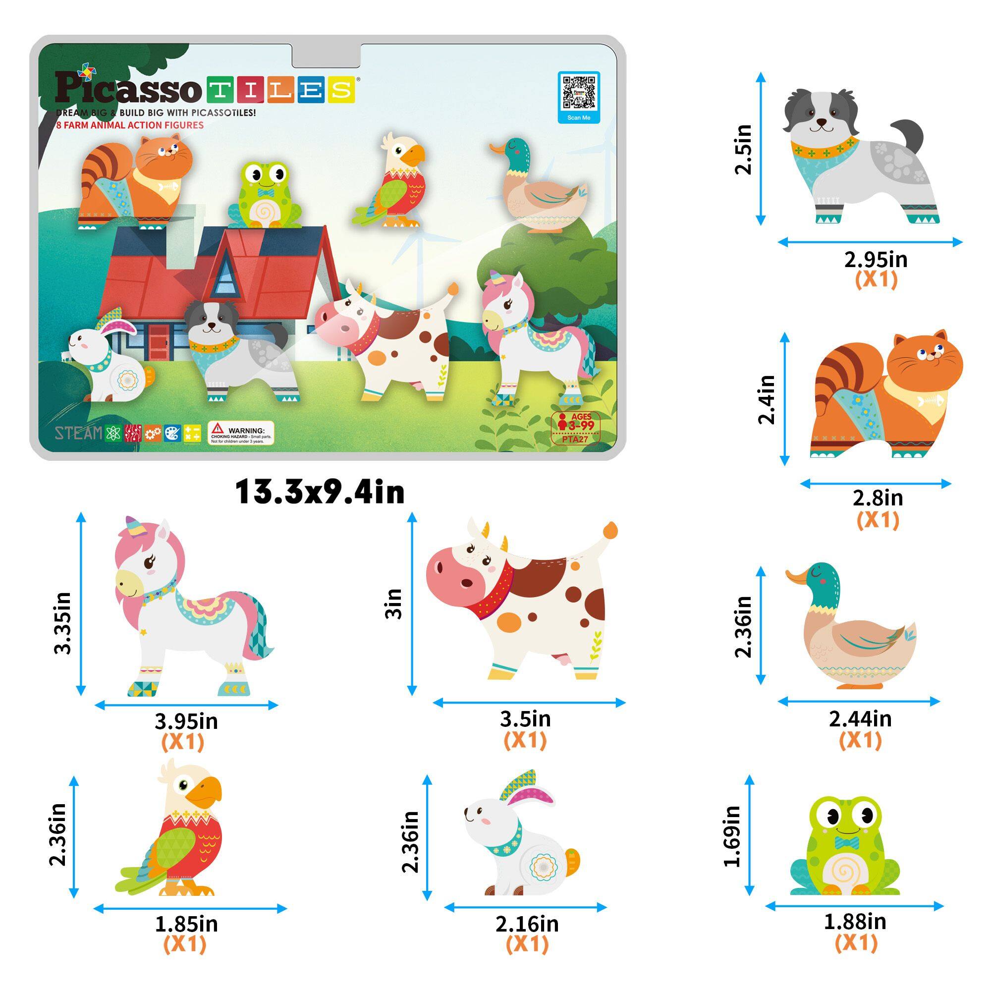 Picasso Tiles: Build Big with Picasso Tiles! 6 Farm Animal Action Figures - 2.5in 2.95in (X1) STEAM 3-99 : PTAZ7 2.4in 13.3x9.4in 2.8in (X1) 3.35in 3in 2.36in 3.95in (X1) 3.5in (X1) 2.44in (X1) 2.36in 2.16in (X1) 1.69in 1.85in (X1) 1.88in (X1)