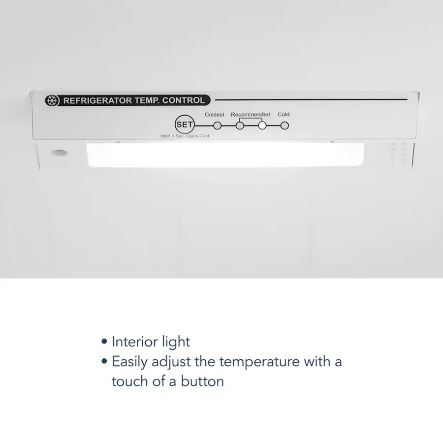 The text on the image reads: "Refrigerator Temp. Control Set Coldest Recommended Cold Hok 3 Sec Quick Cool . Interior light . Easily adjust the temperature with a touch of a button."