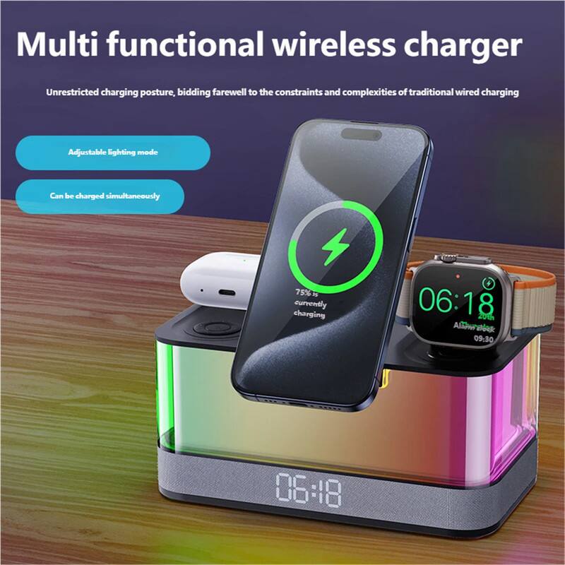 Multi functional wireless charger  
Unrestricted charging posture, bidding farewell to the constraints and complexities of traditional wired charging  
Adjustable lighting mode  
Can be charged simultaneously  

75% currently charging  
06:18  
20th  
Alihnaek  
09:30  
06:18