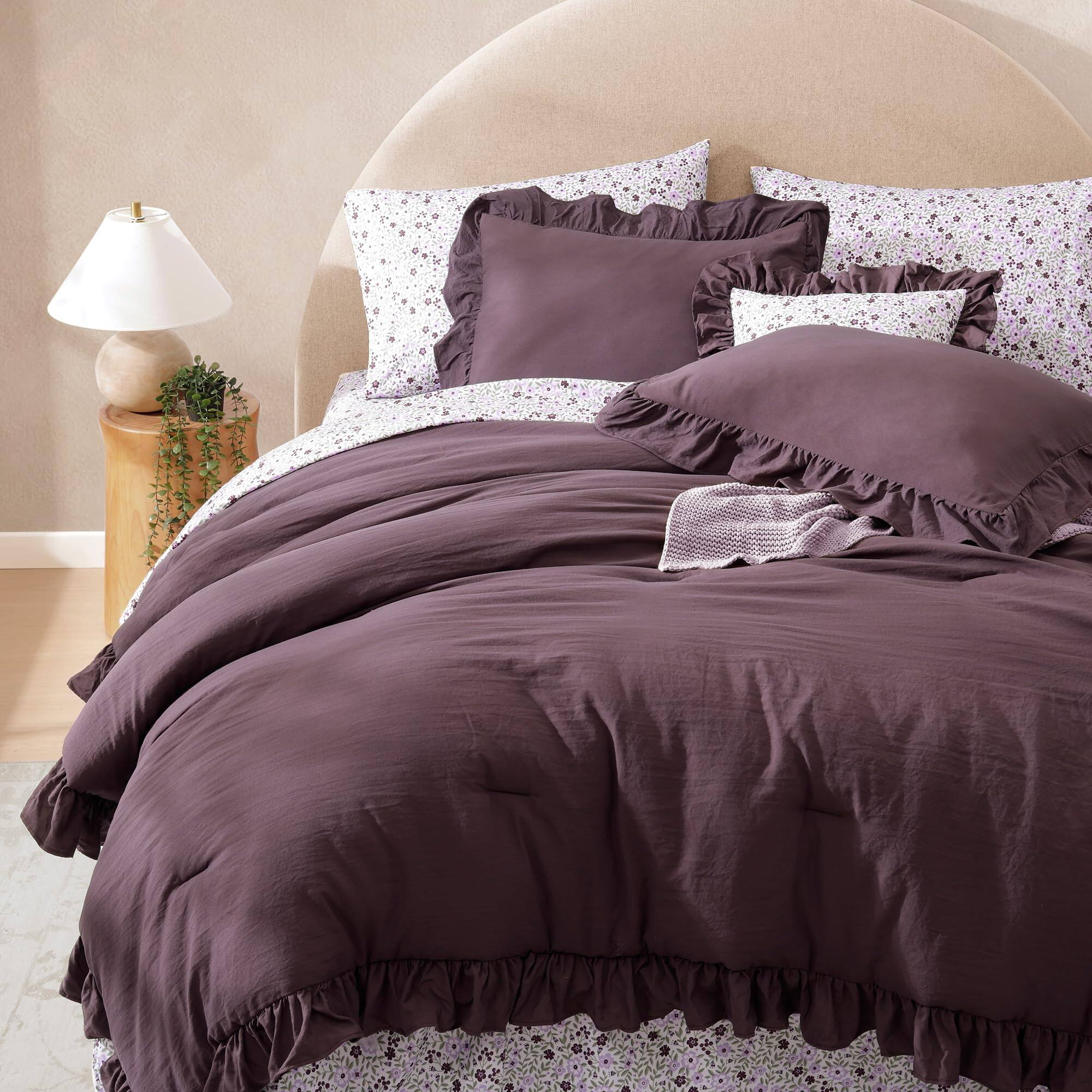 Alt View 2. PARKER SLATER - Queen Comforter Set - 7 Pieces Ruffle Purple Bedding Sets Shabby Chic Farmhouse Bed In A Bag With Floral Sheets... - Autumn Leaf-Queen.