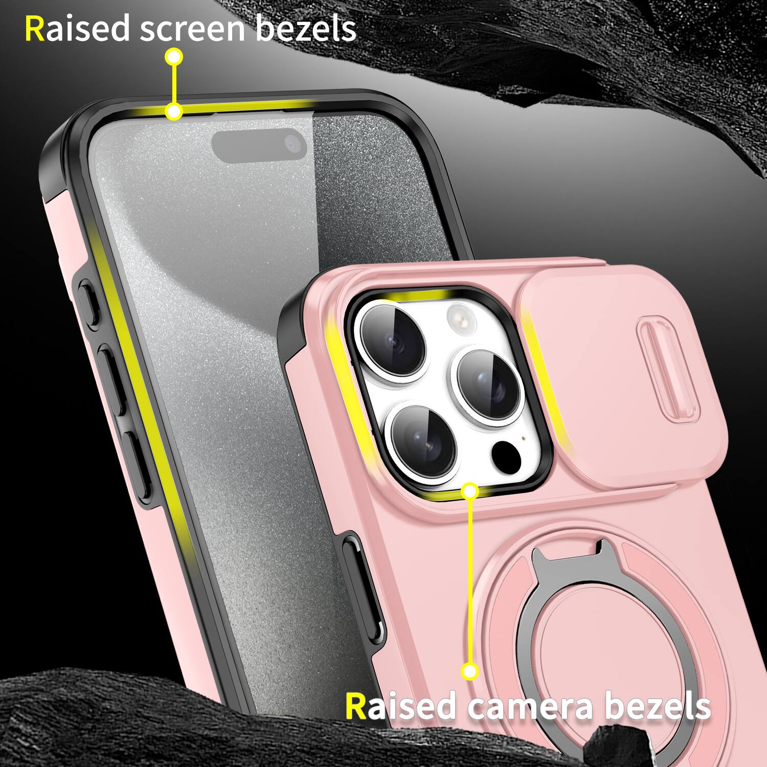 Raised screen bezels  
Raised camera bezels