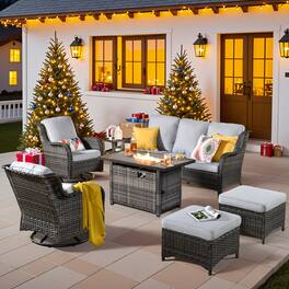 Ovios - 7 PCS Patio Furniture with 42" Fire Pit Table, Wicker Swivel Chairs, Ottoman & Side Table - Grey(Grey Wicker)