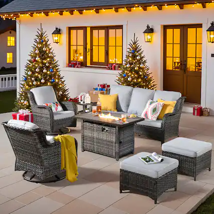 Front. Ovios - 7 PCS Patio Furniture with 42" Fire Pit Table, Wicker Swivel Chairs, Ottoman & Side Table - Grey(Grey Wicker).