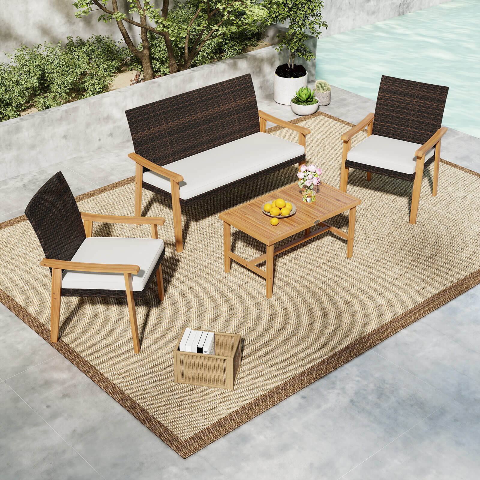 Alt View 3. Costway - Costway 4 PCS Patio Furniture Set with Acacia Wood Coffee Table & Soft Cushions for Garden - Mix Brown.
