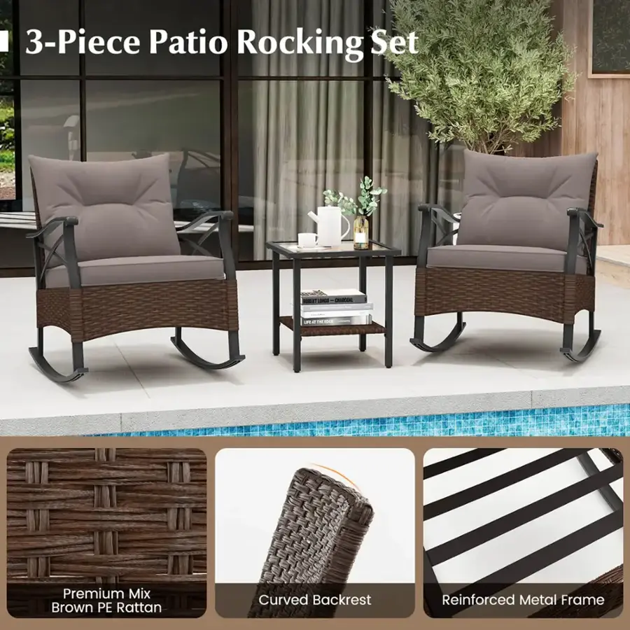 3-Piece Patio Rocking Set - ONCO CARTON Le R and Premium Mix Brown PE Rattan Curved Backrest Reinforced Metal Frame