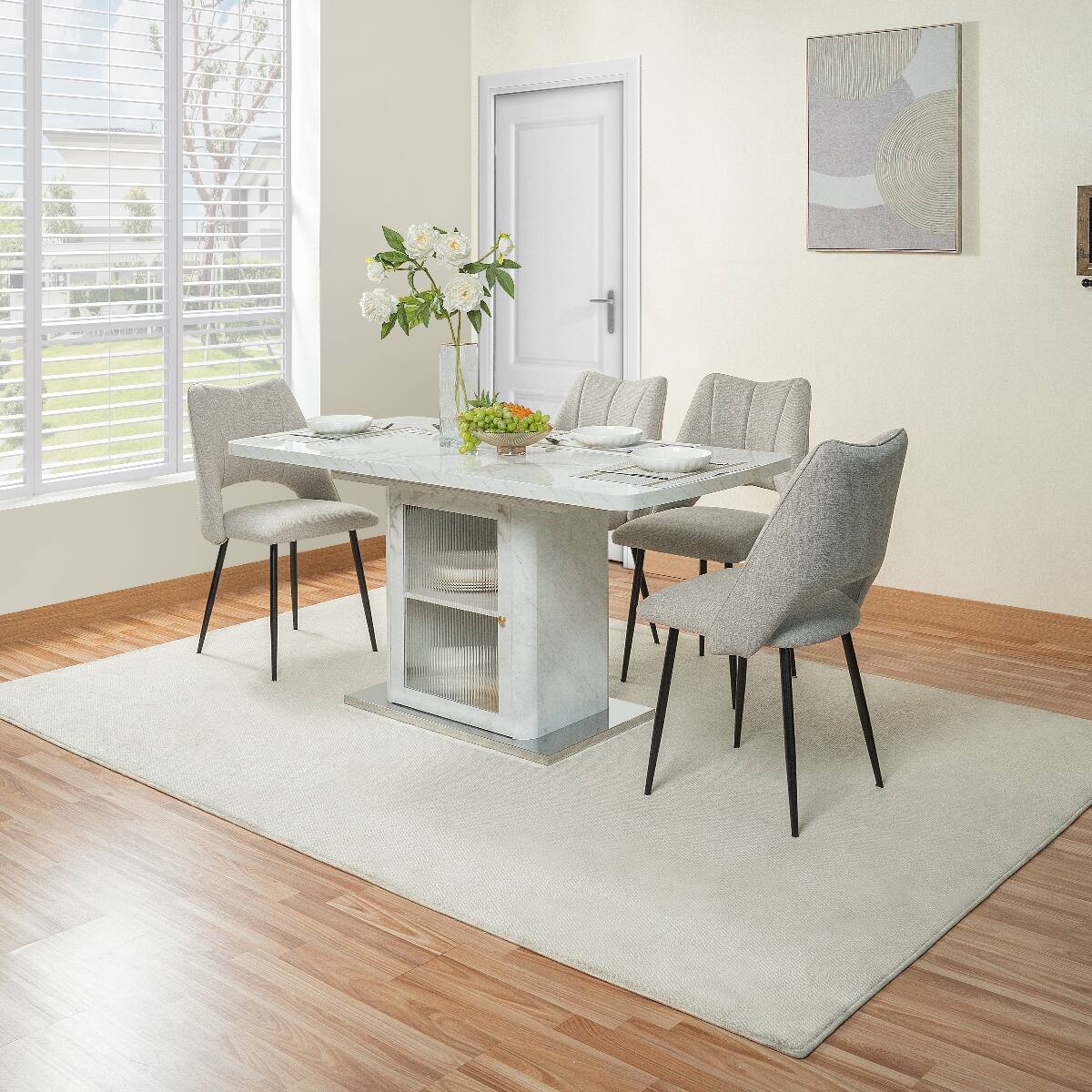 Left. Loheer - Loheer Extendable Rectangular Dining Table with White Marble Look and Storage Cabinet Base - White.